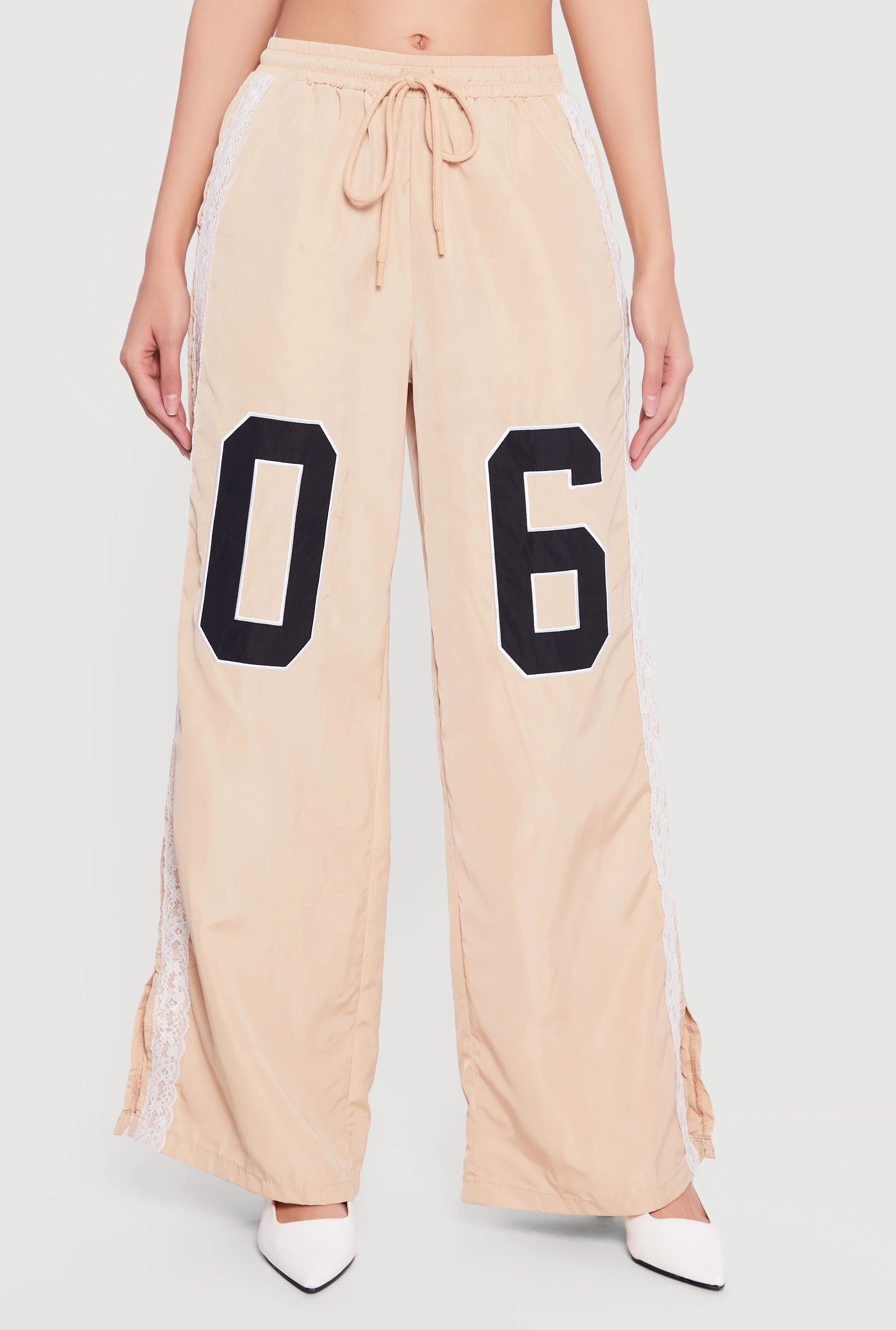 Drawstring Waist Lace Detail Graphic Wide Leg Pants - Image 3