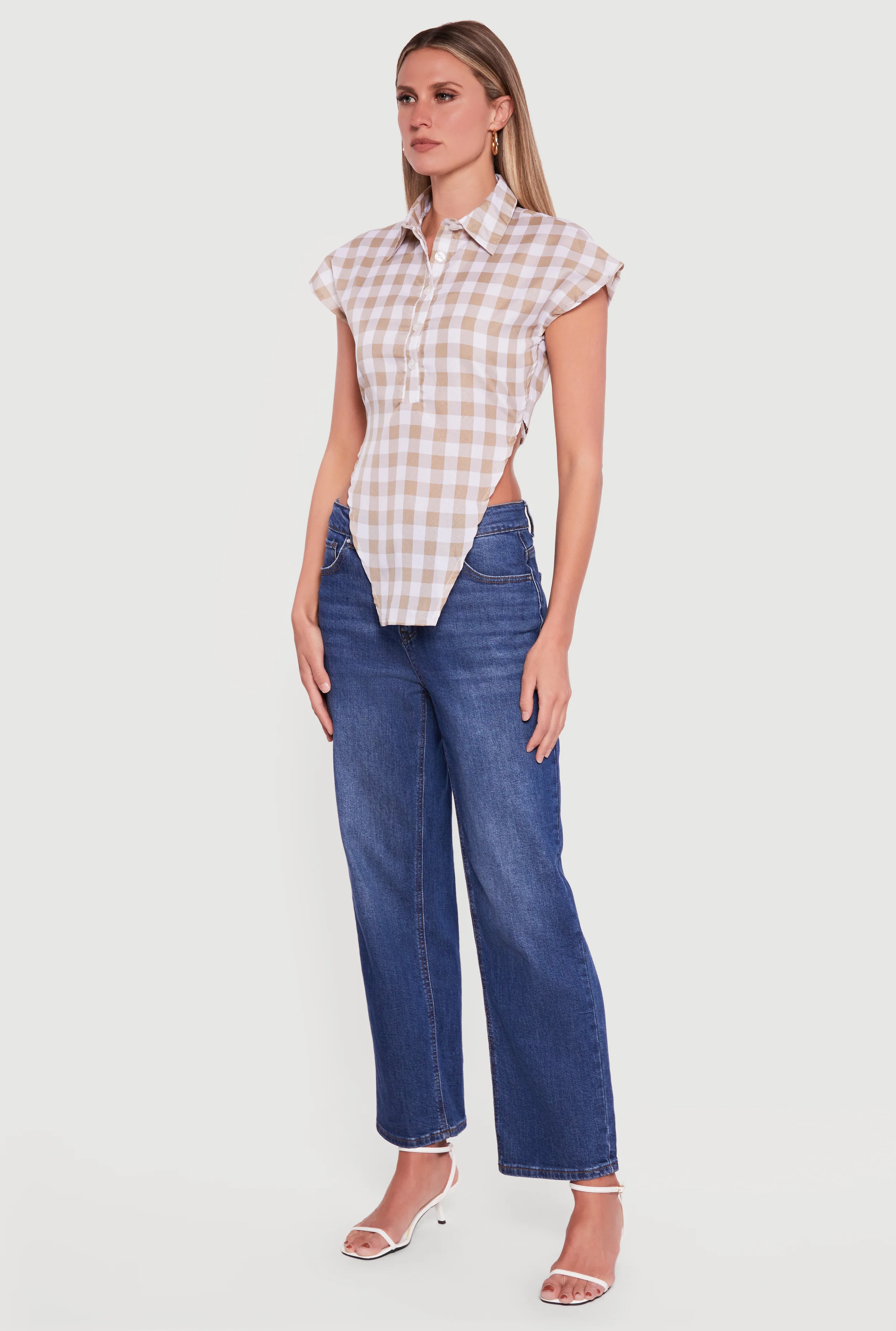 Gingham Cap Sleeve Open Tie Back Tunic Top - Image 3