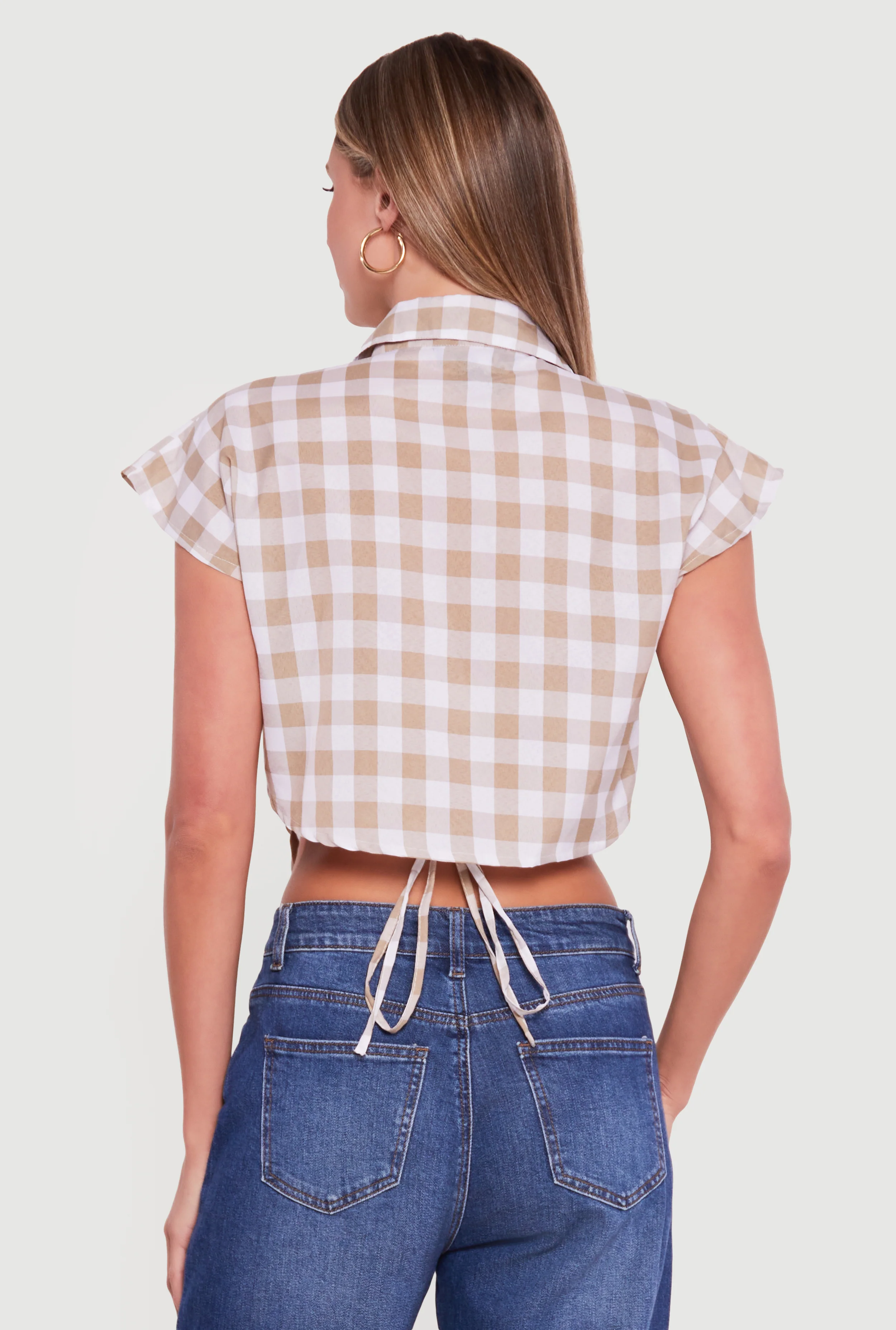 Gingham Cap Sleeve Open Tie Back Tunic Top - Image 5