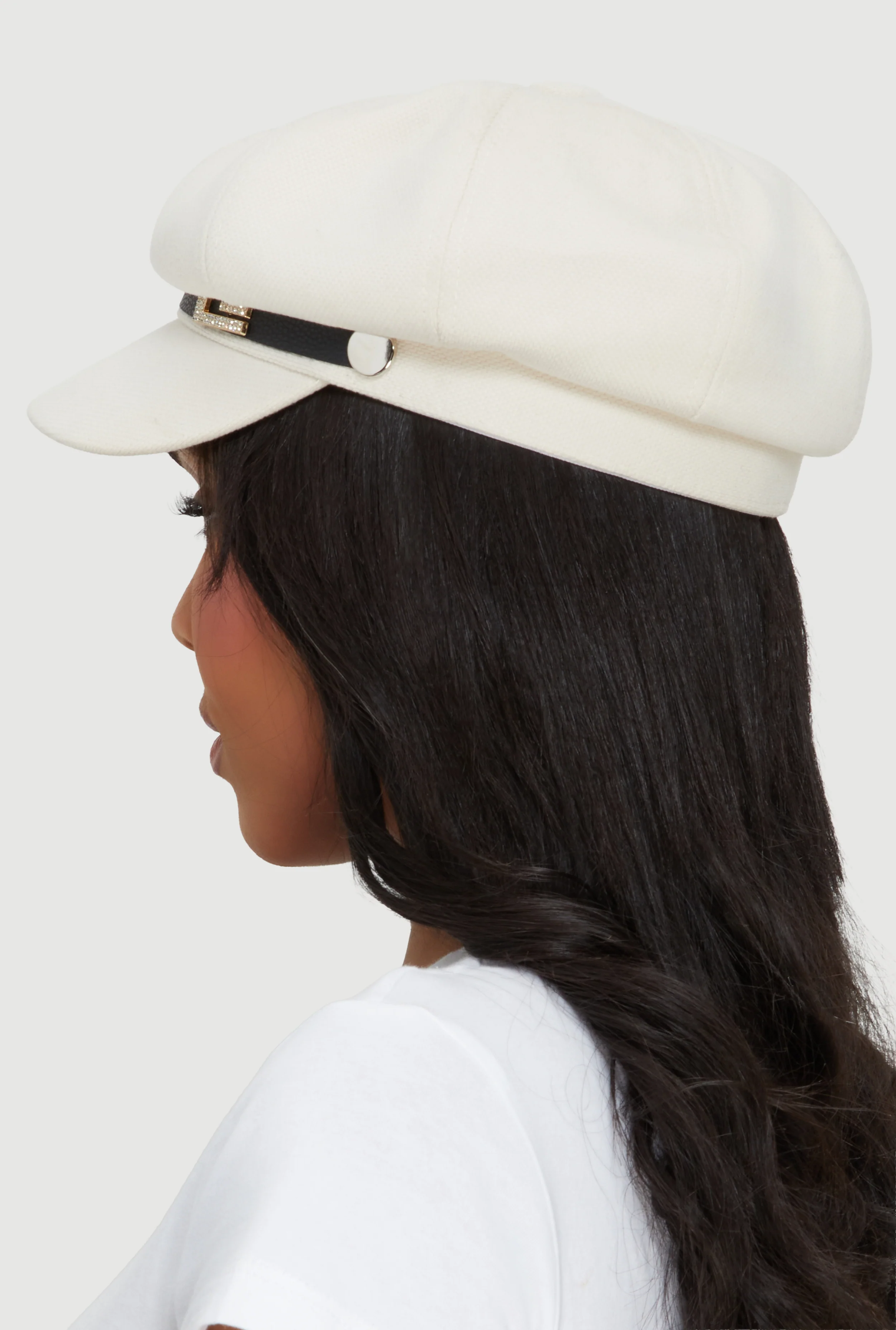 Rhinestone Pendant Faux Leather Trim Cabbie Hat - Image 3