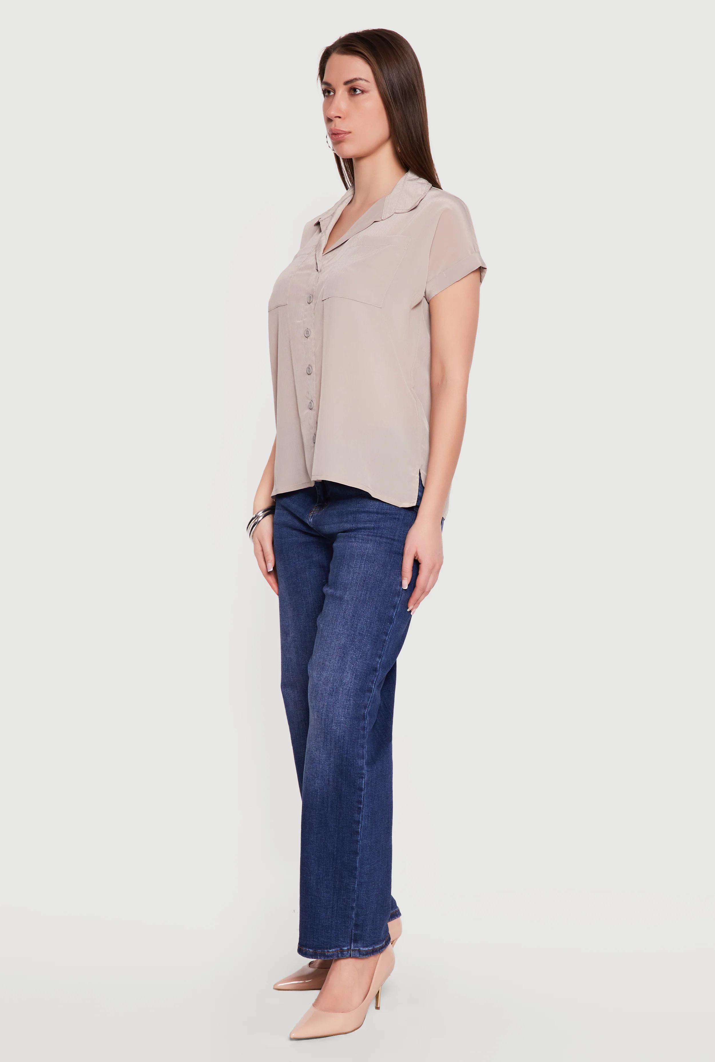 Solid Textured Knit Short Sleeve Button Front Shirt - Image 3