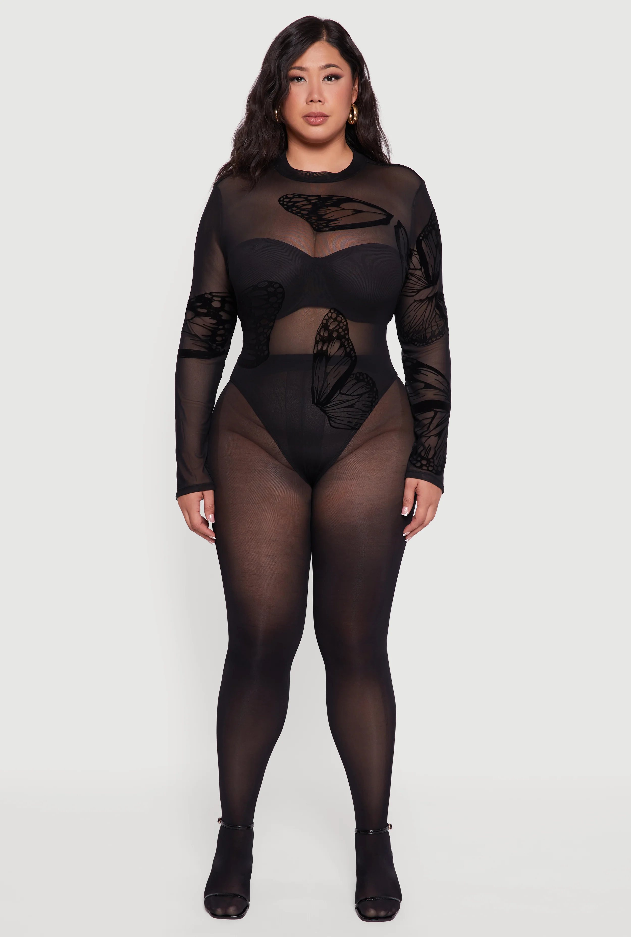 Plus Size Butterfly Print Velvet Burnout Bodysuit - Image 3