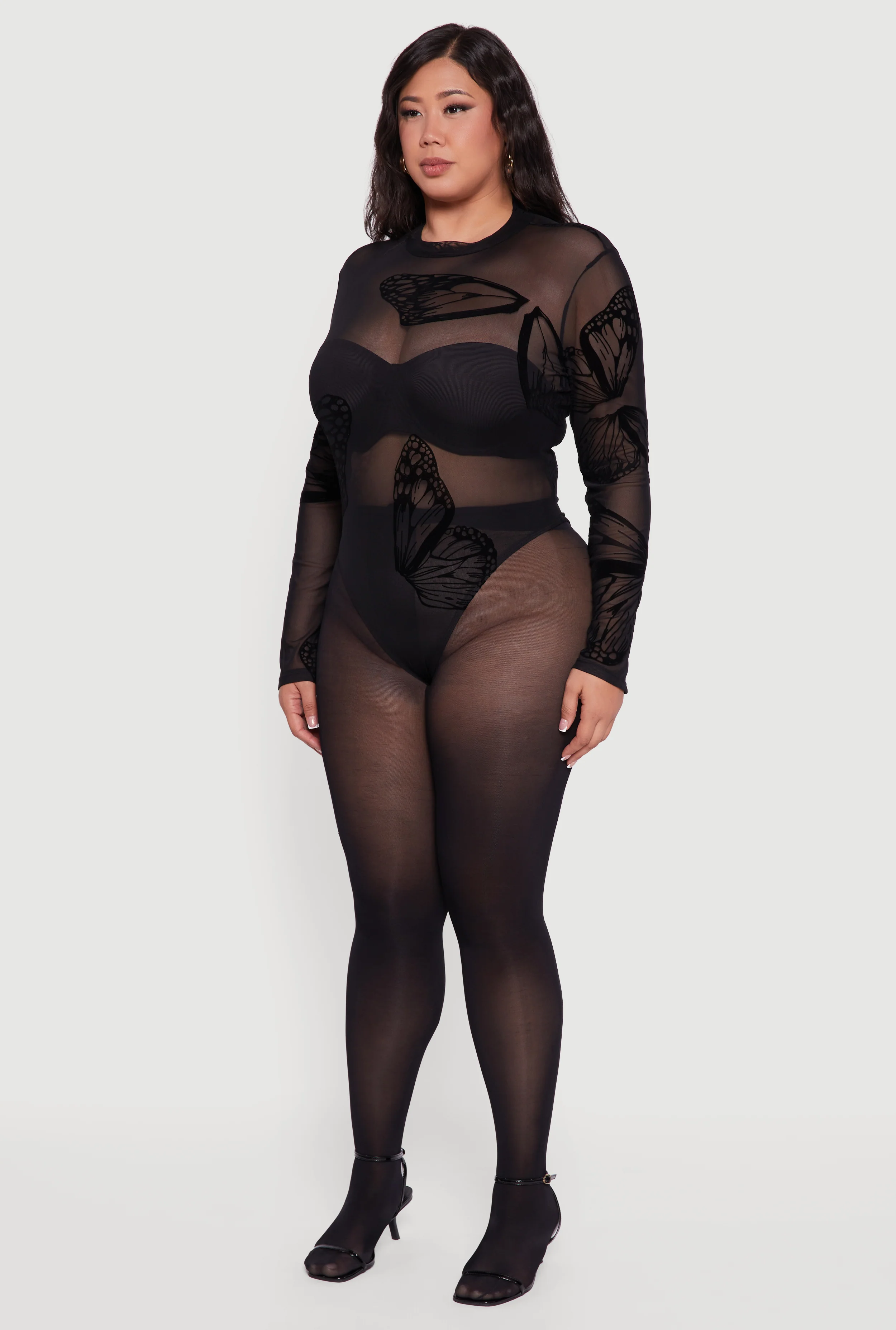 Plus Size Butterfly Print Velvet Burnout Bodysuit - Image 5