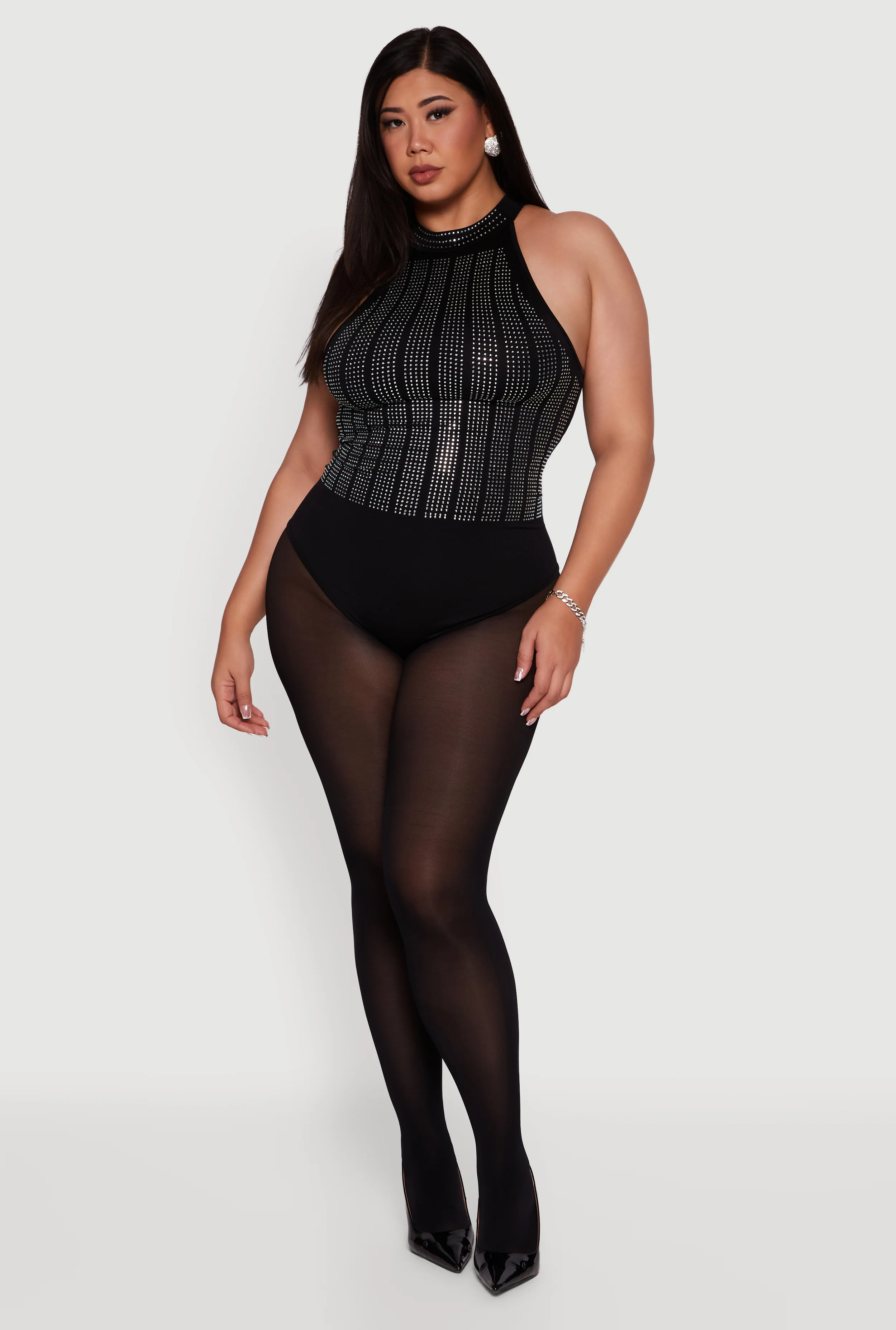 Plus Size Patterned Rhinestone Sleeveless Bodysuit - Image 3