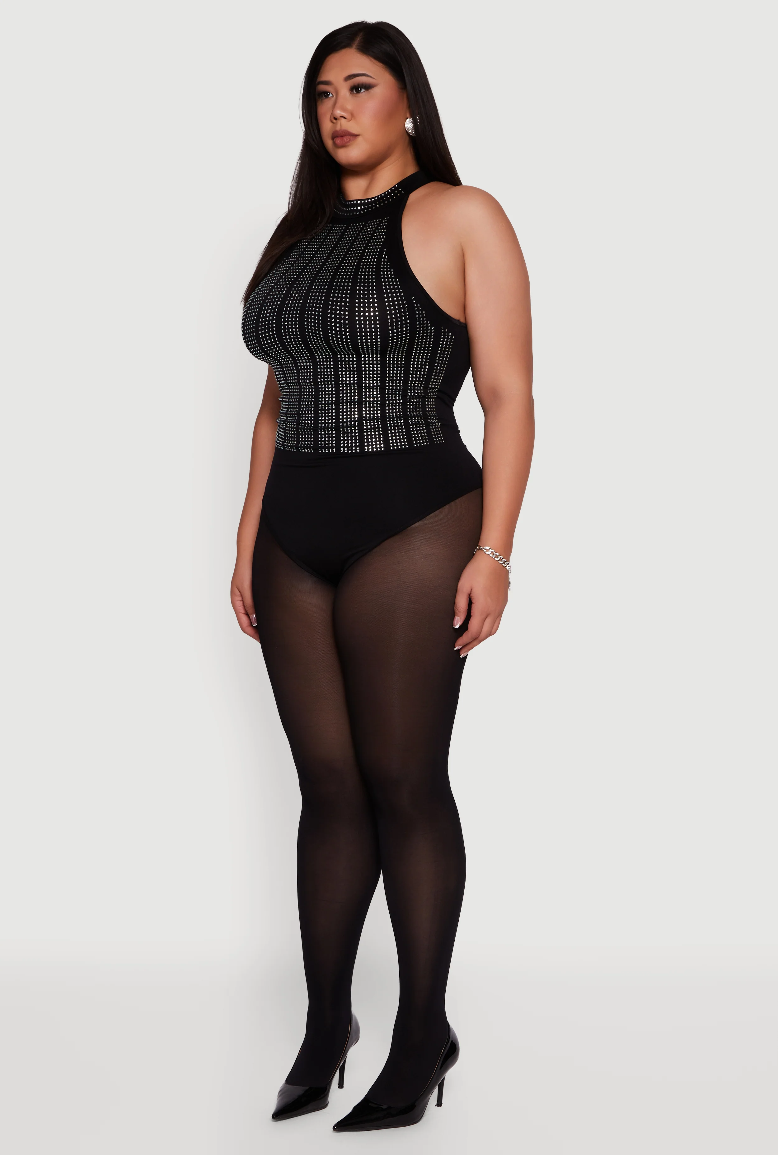 Plus Size Patterned Rhinestone Sleeveless Bodysuit - Image 5