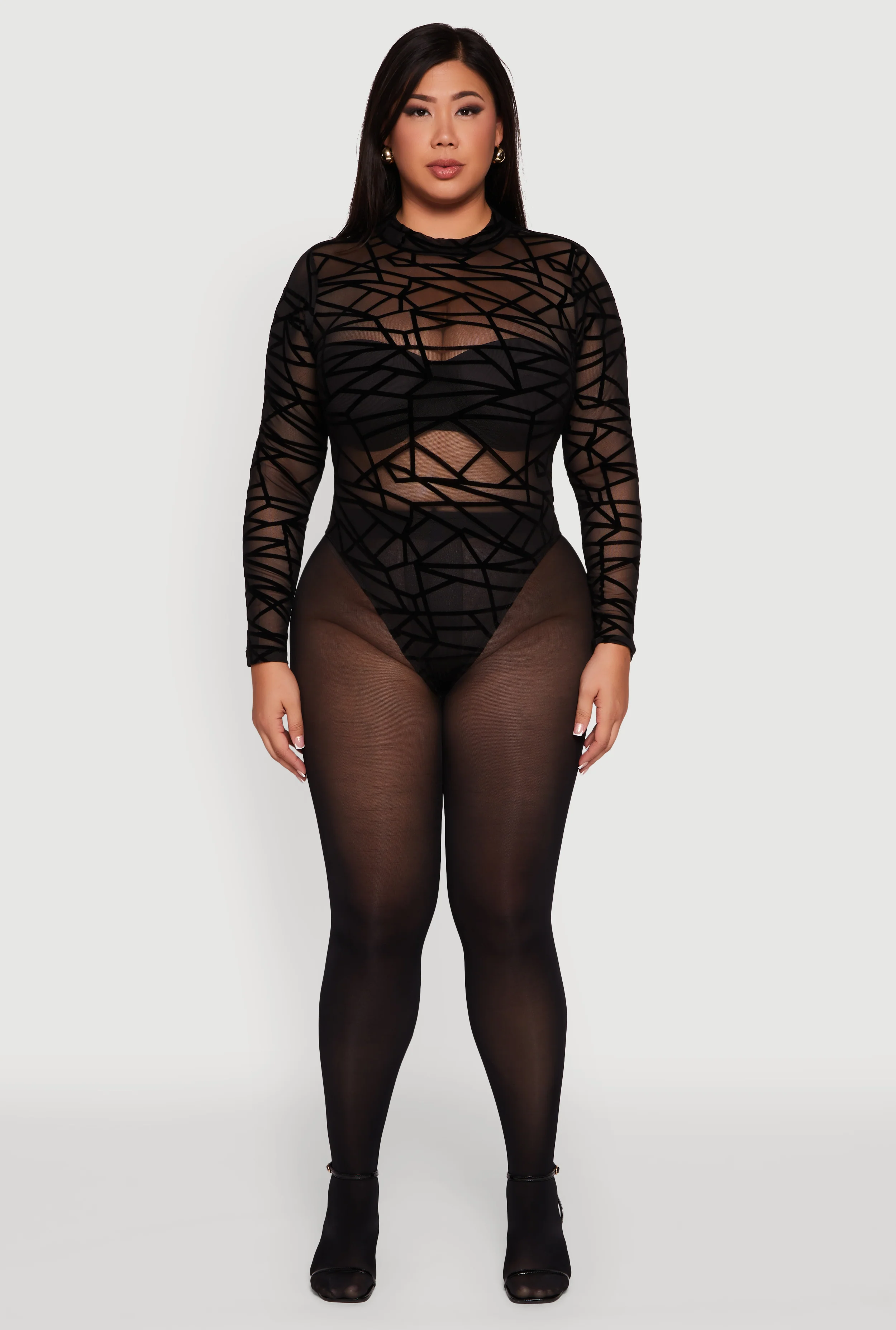 Plus Size Sheer Velvet Burnout Geometric Print Bodysuit - Image 3