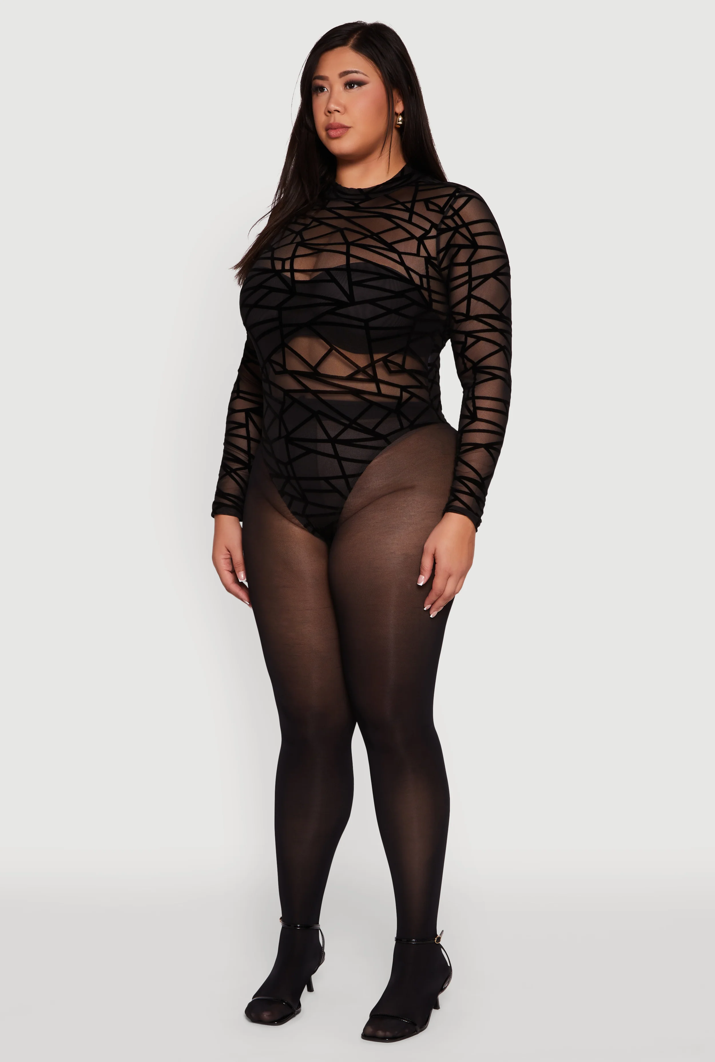 Plus Size Sheer Velvet Burnout Geometric Print Bodysuit - Image 5