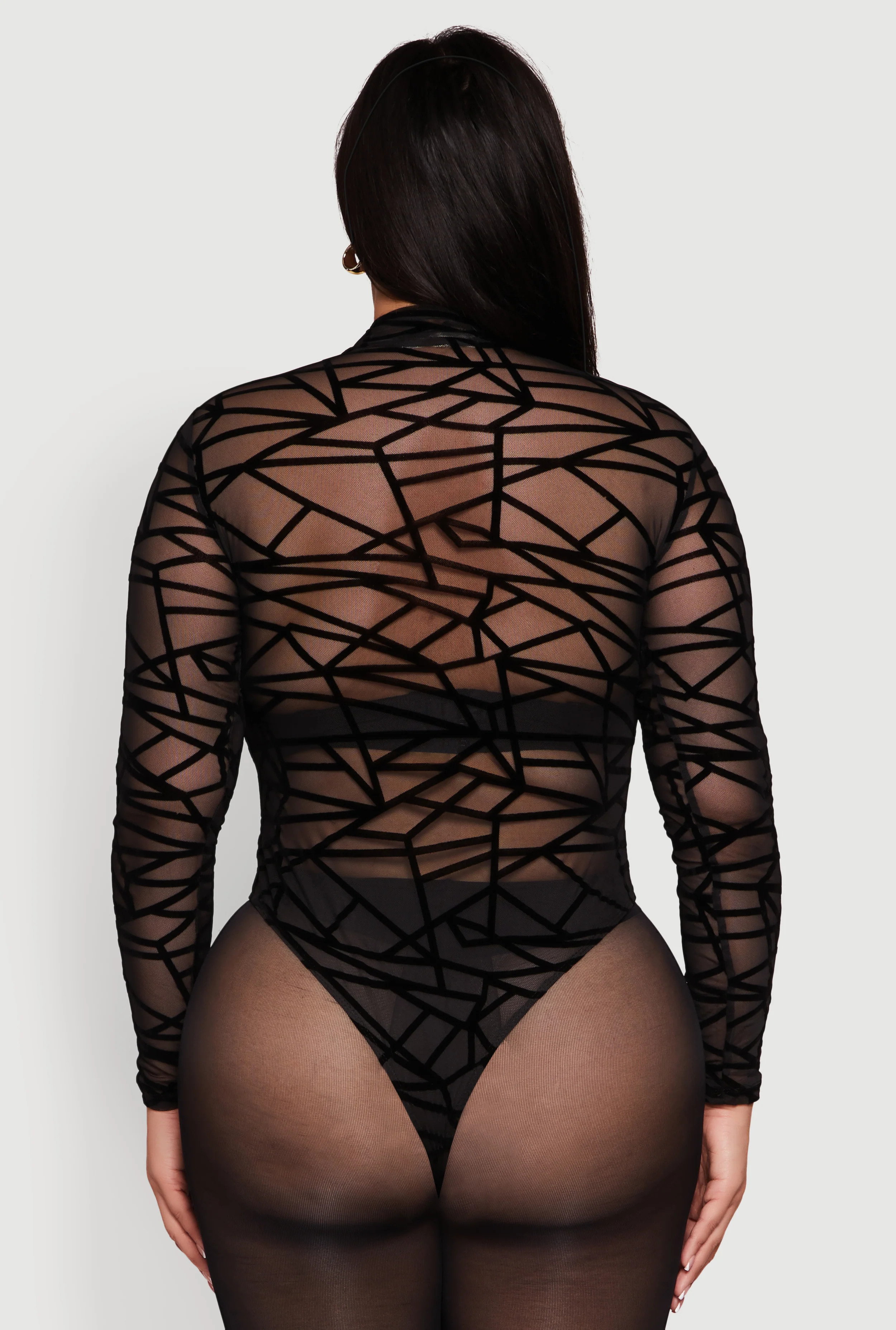 Plus Size Sheer Velvet Burnout Geometric Print Bodysuit - Image 6