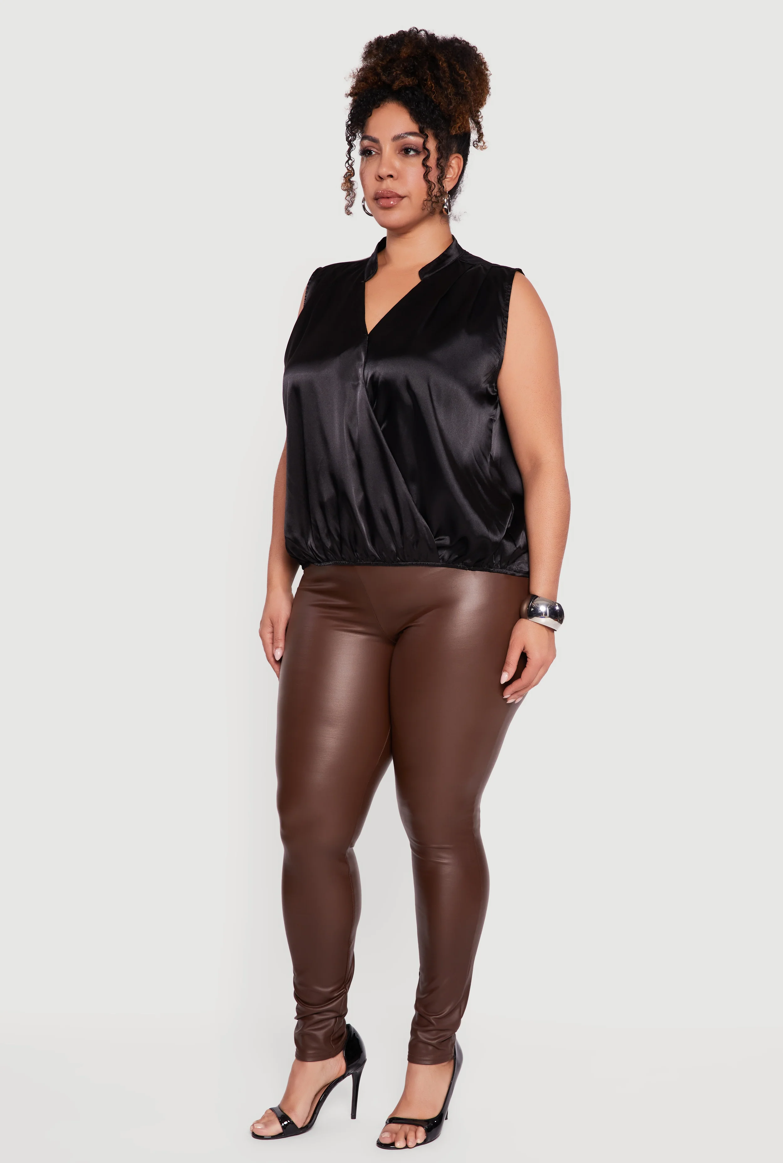 Plus Size Sleeveless Notch Neck Satin Faux Wrap Top - Image 3