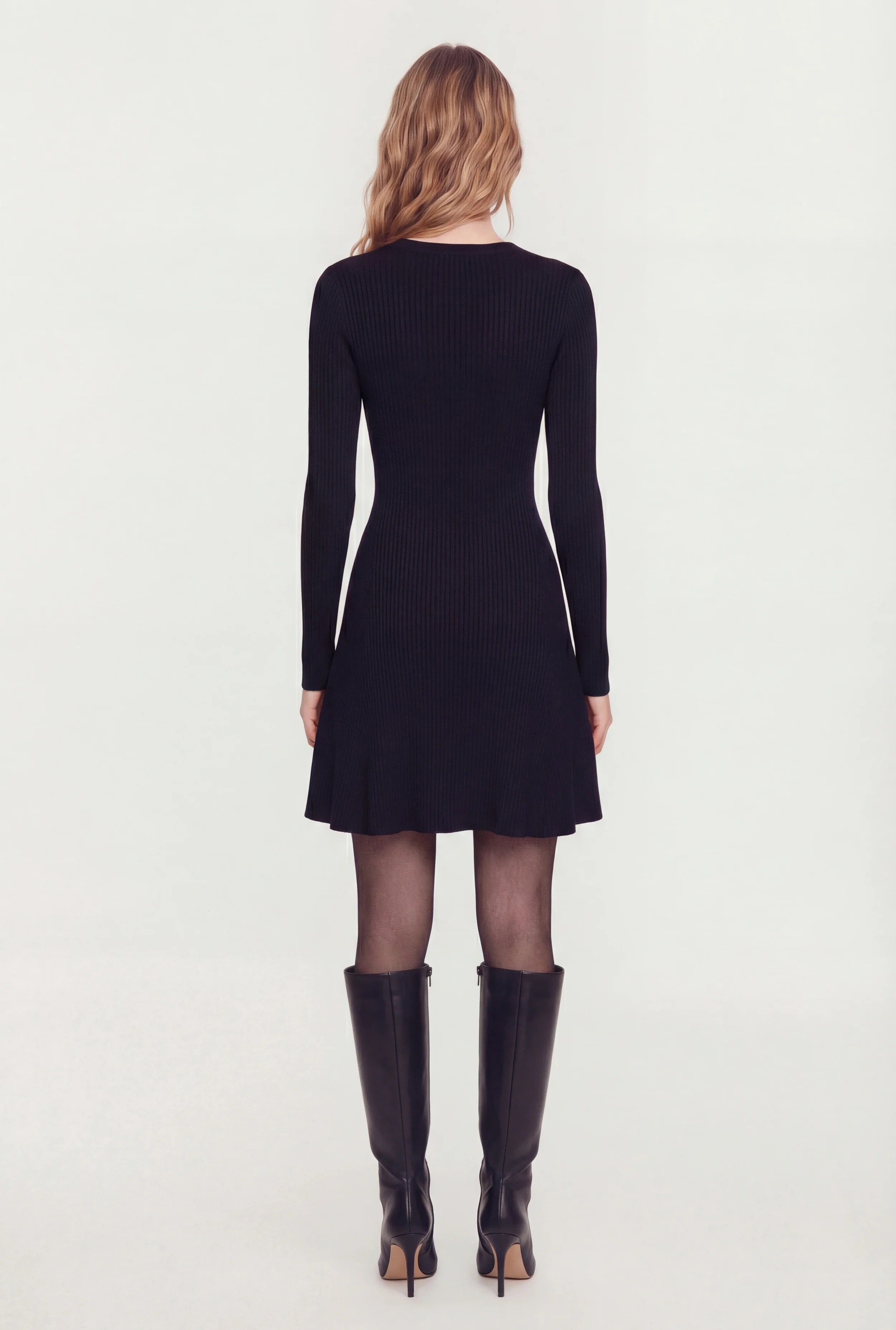 Rib Knit Long Sleeve Crew Neck Mini Sweater Dress - Image 3