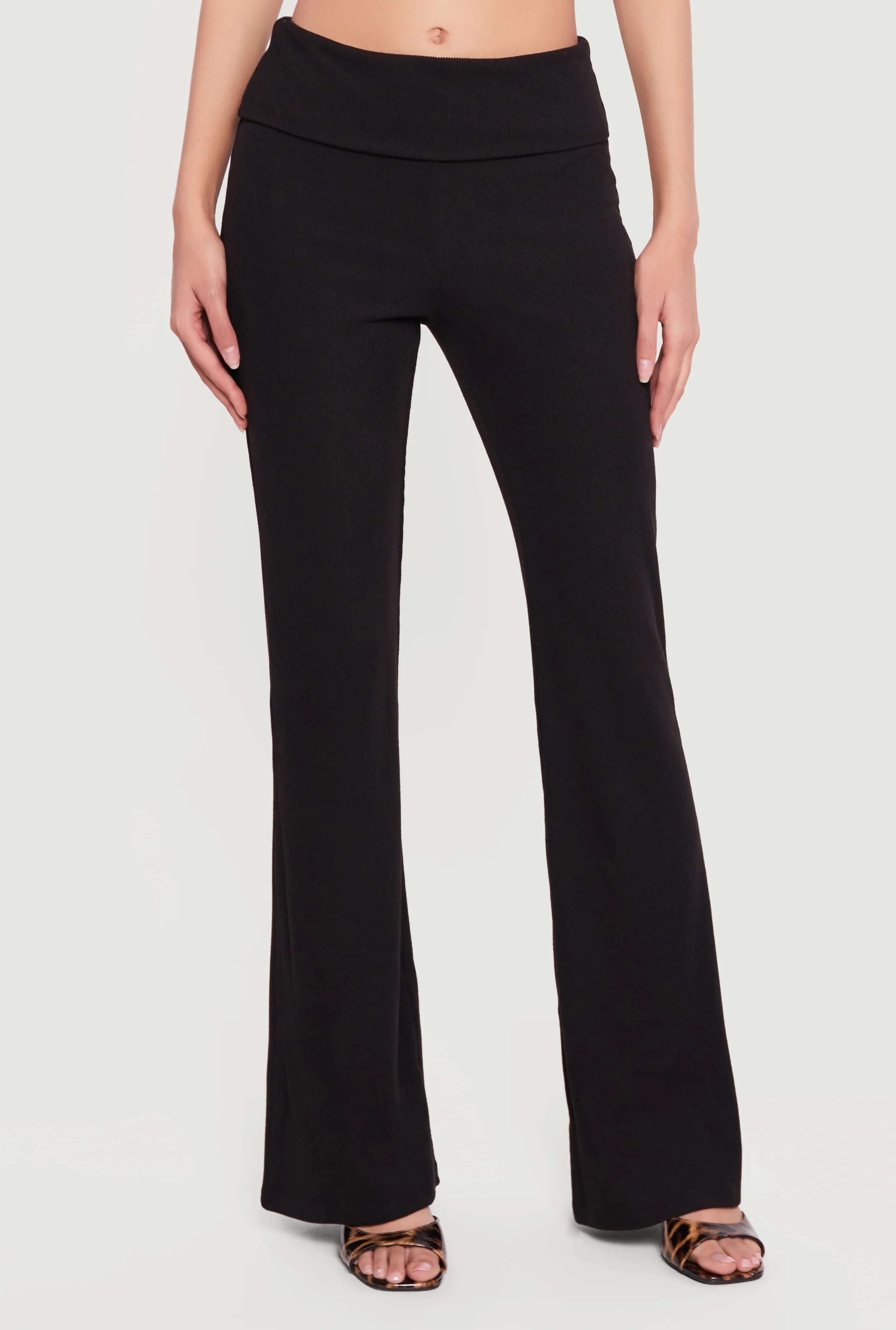 Ribbed Knit Fold Over Flare Leg Pants - Image 3