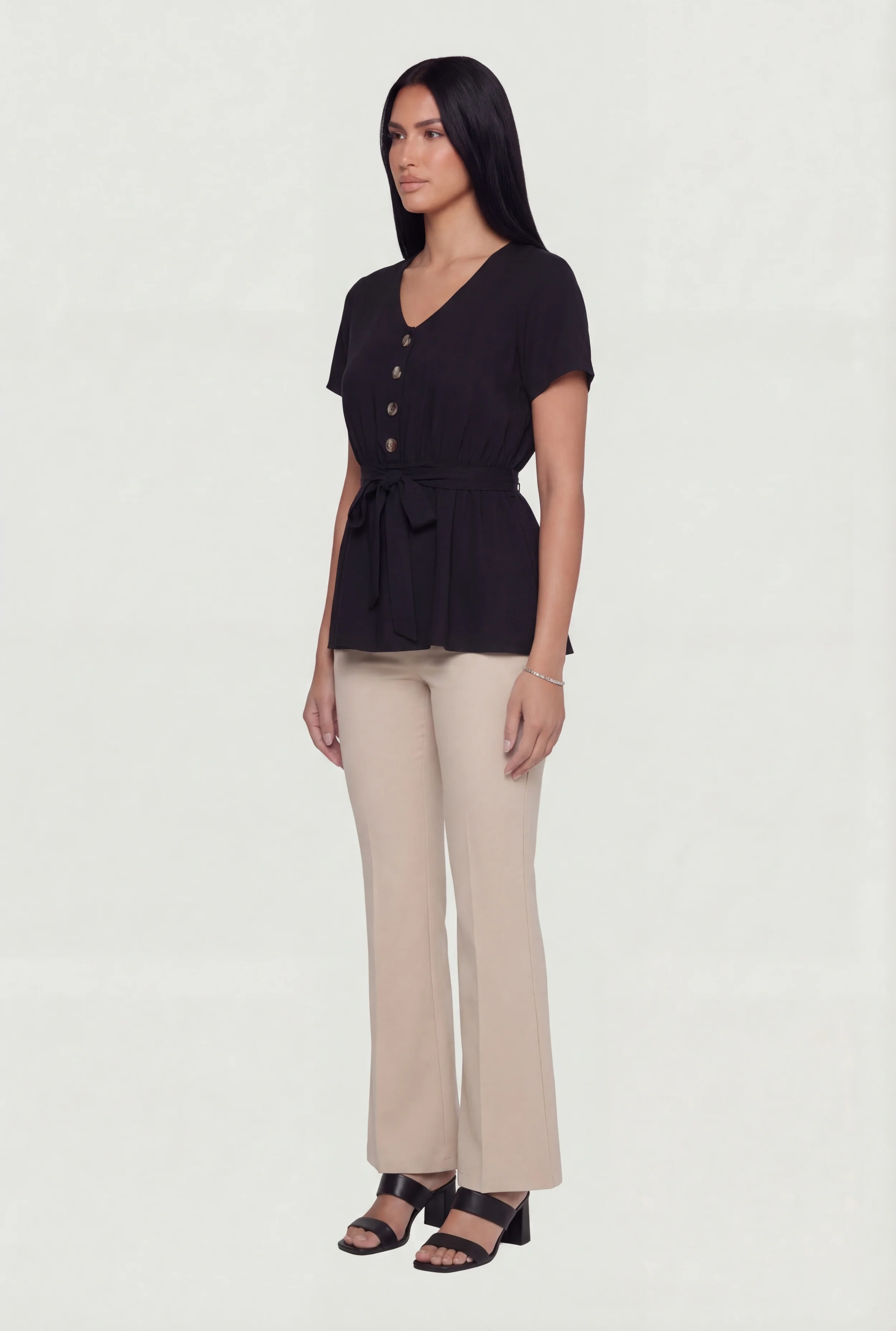 Ruched Half Button Front Short Sleeve Top - Image 3
