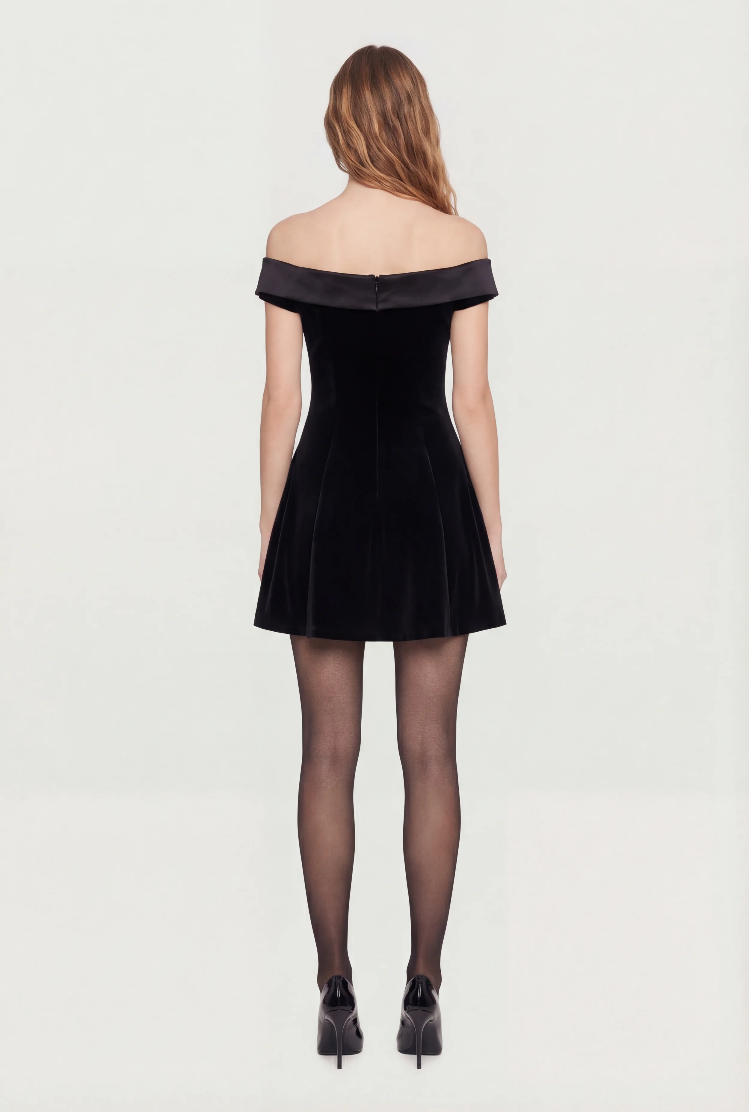Satin Fold Over Off the Shoulder Velour Skater Dress - Image 3