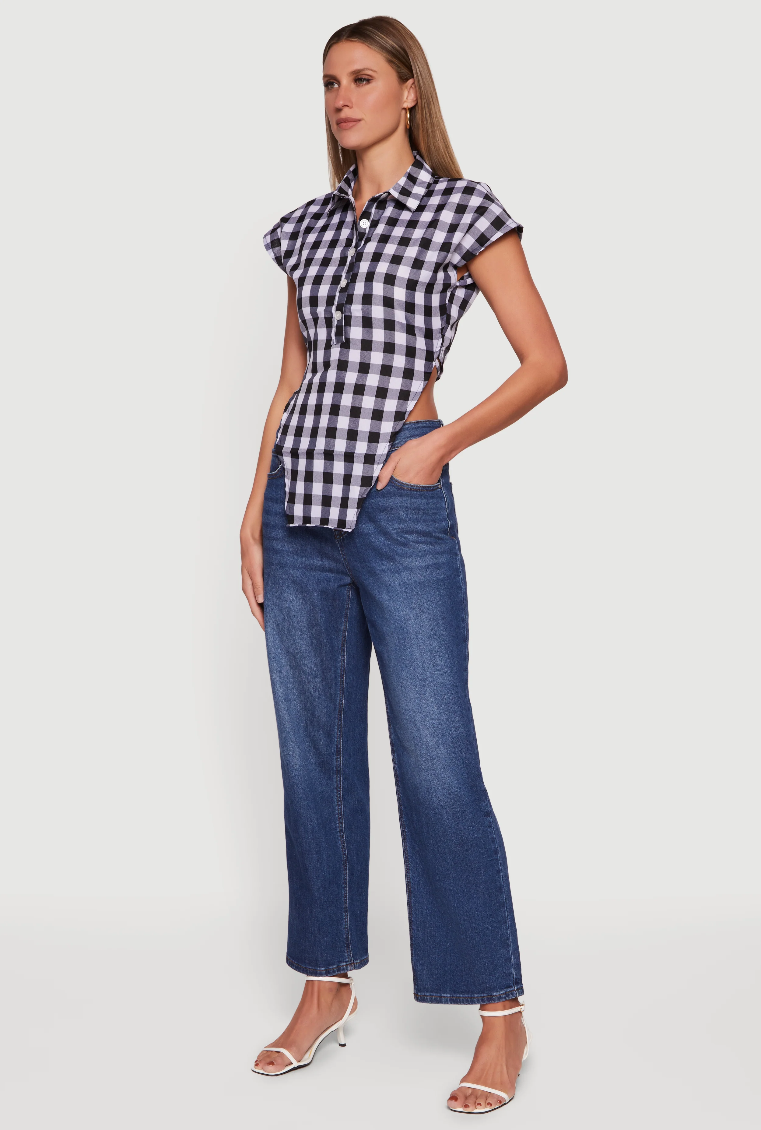Gingham Cap Sleeve Open Tie Back Tunic Top - Image 3