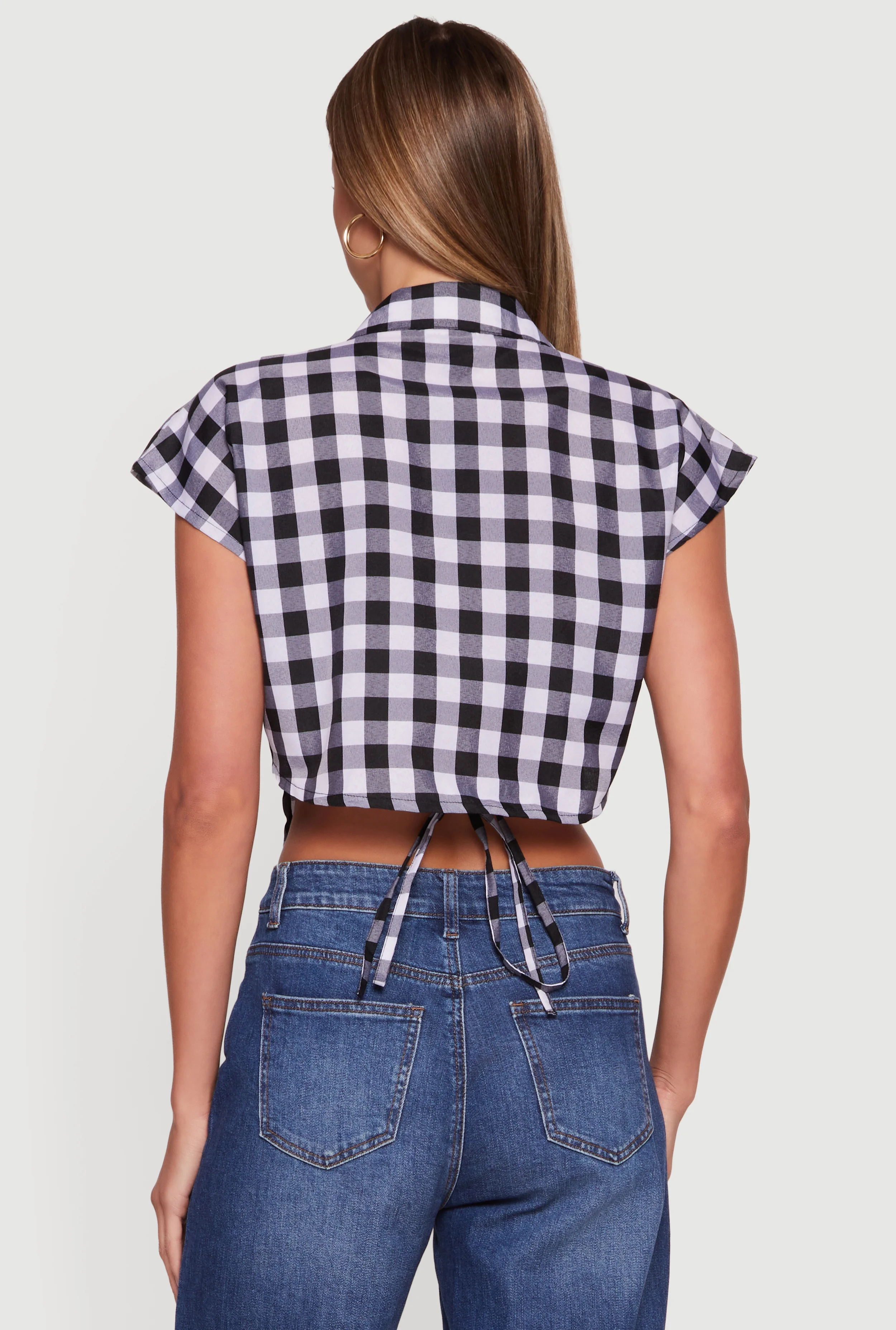 Gingham Cap Sleeve Open Tie Back Tunic Top - Image 5