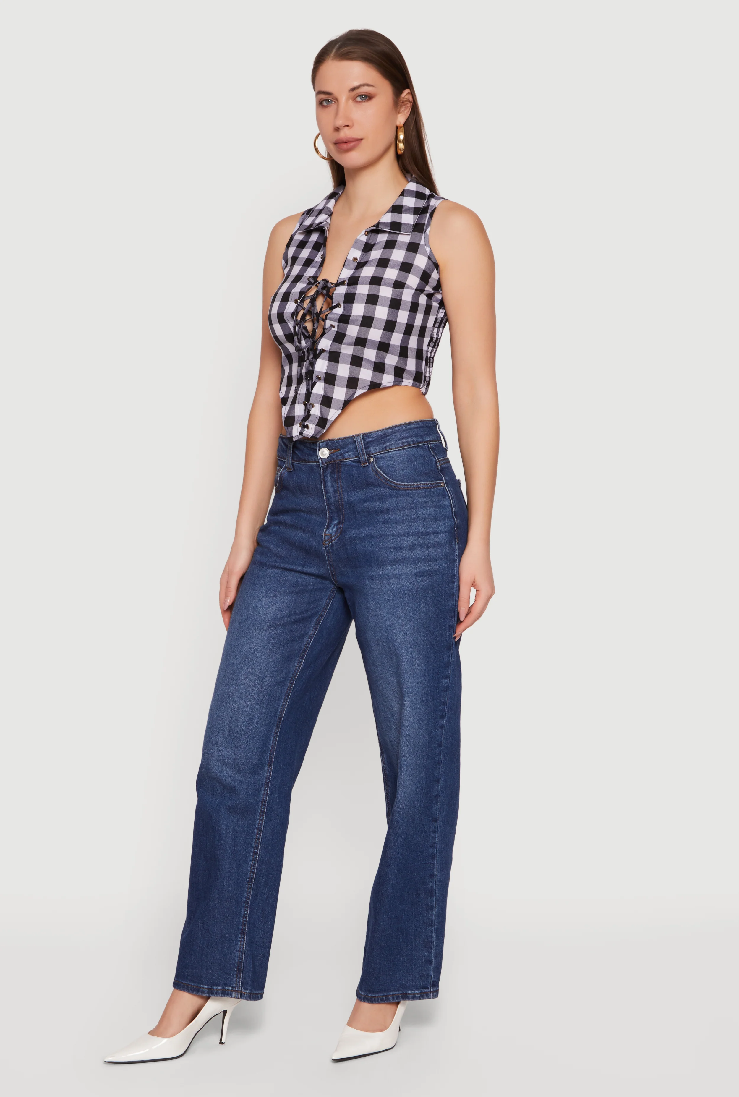 Plaid Lace Front Smocked Back Crop Top - Image 3