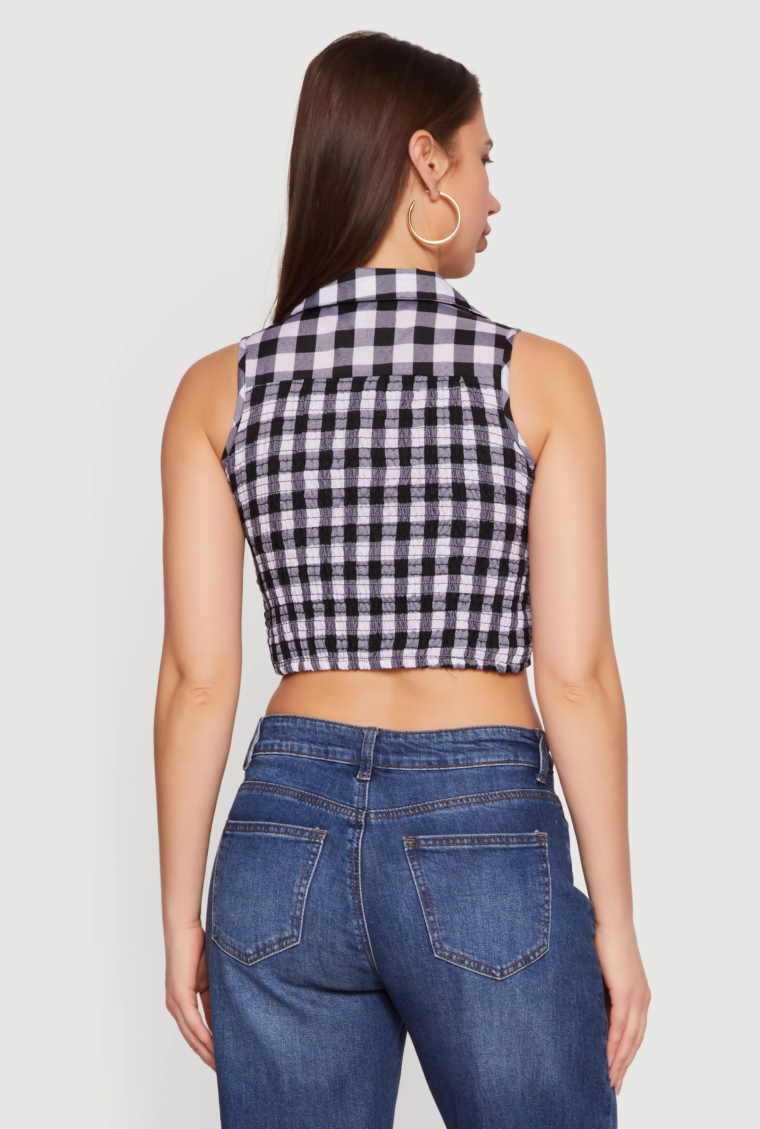 Plaid Lace Front Smocked Back Crop Top - Image 5