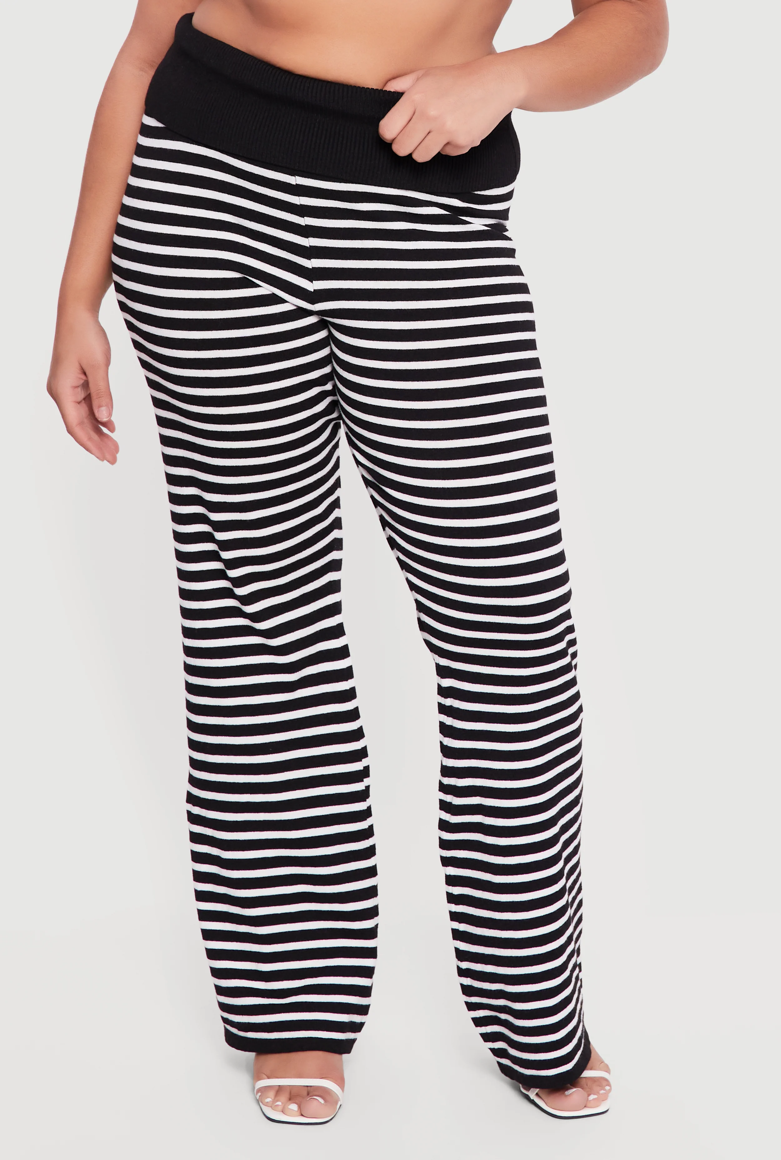 Plus Size Fold Over High Waisted Striped Ribbed Knit Pants - Image 3