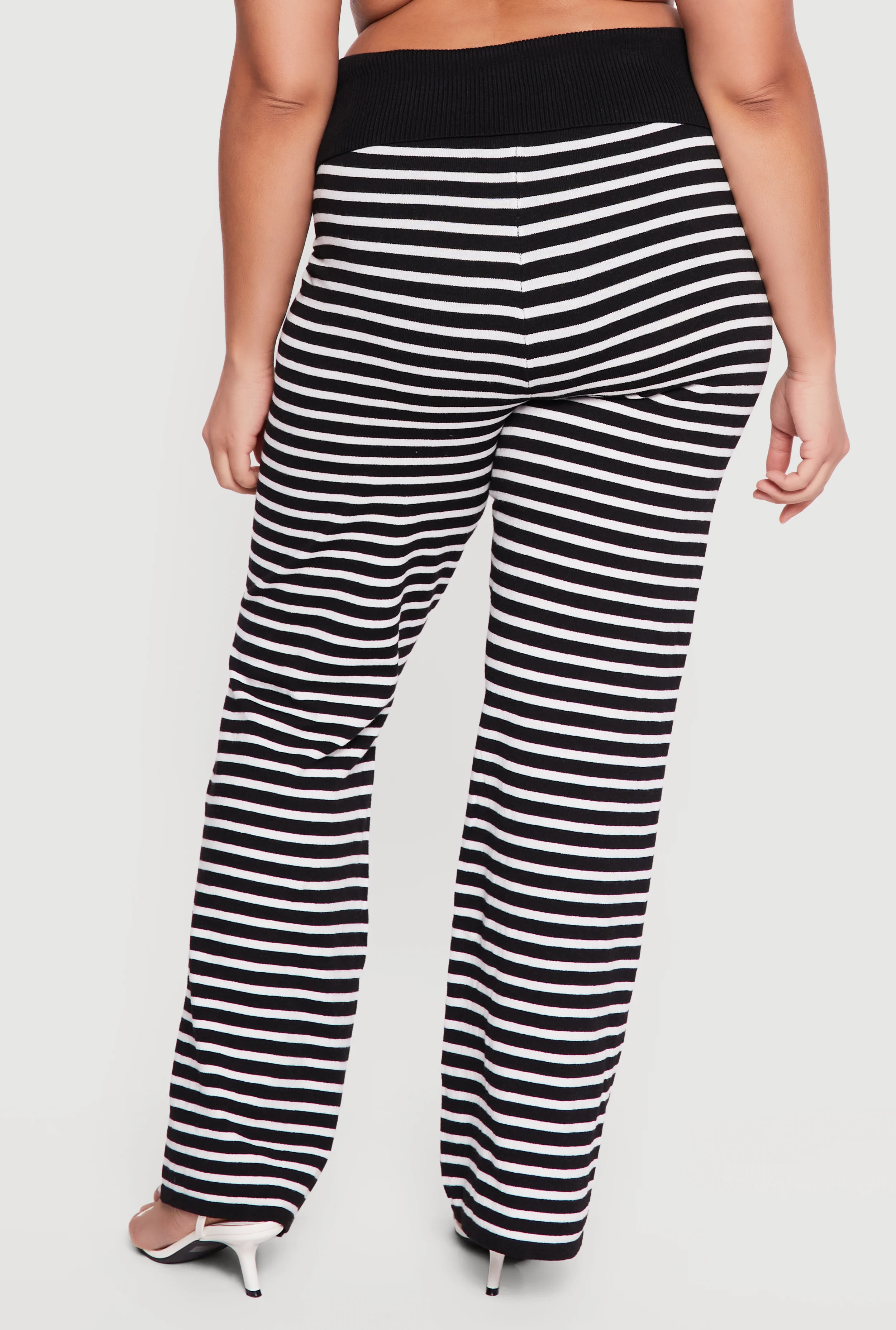 Plus Size Fold Over High Waisted Striped Ribbed Knit Pants - Image 5