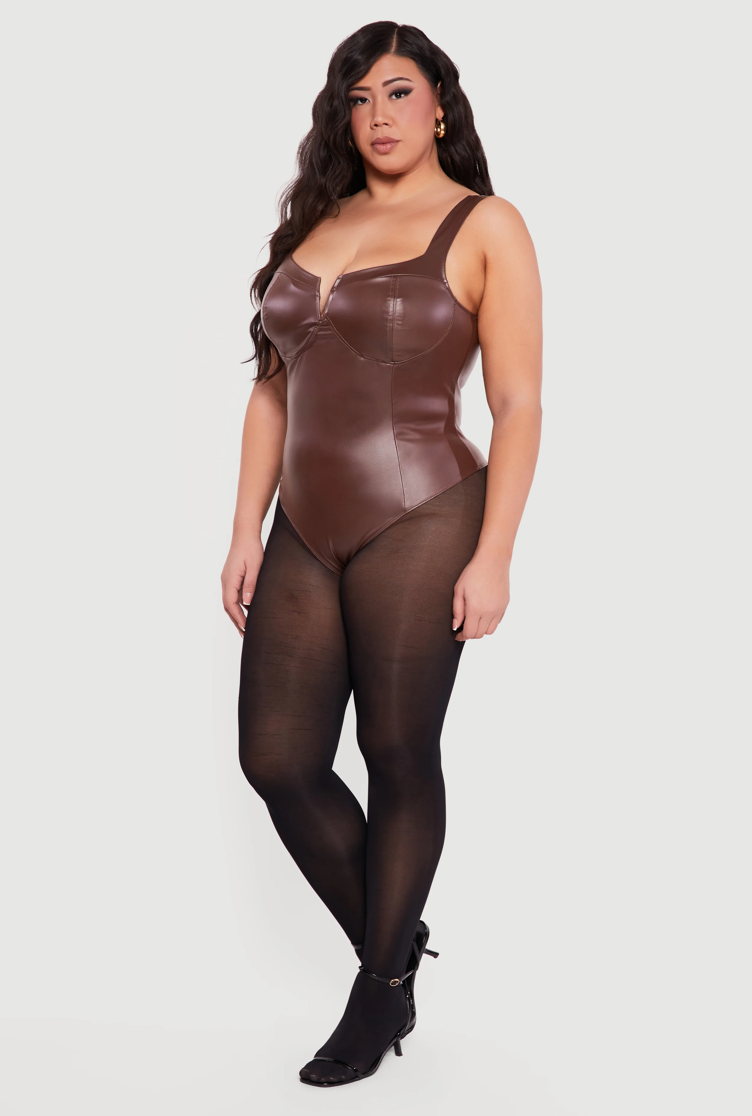 Plus Size Faux Leather Notch Neck Corset Bodysuit - Image 3