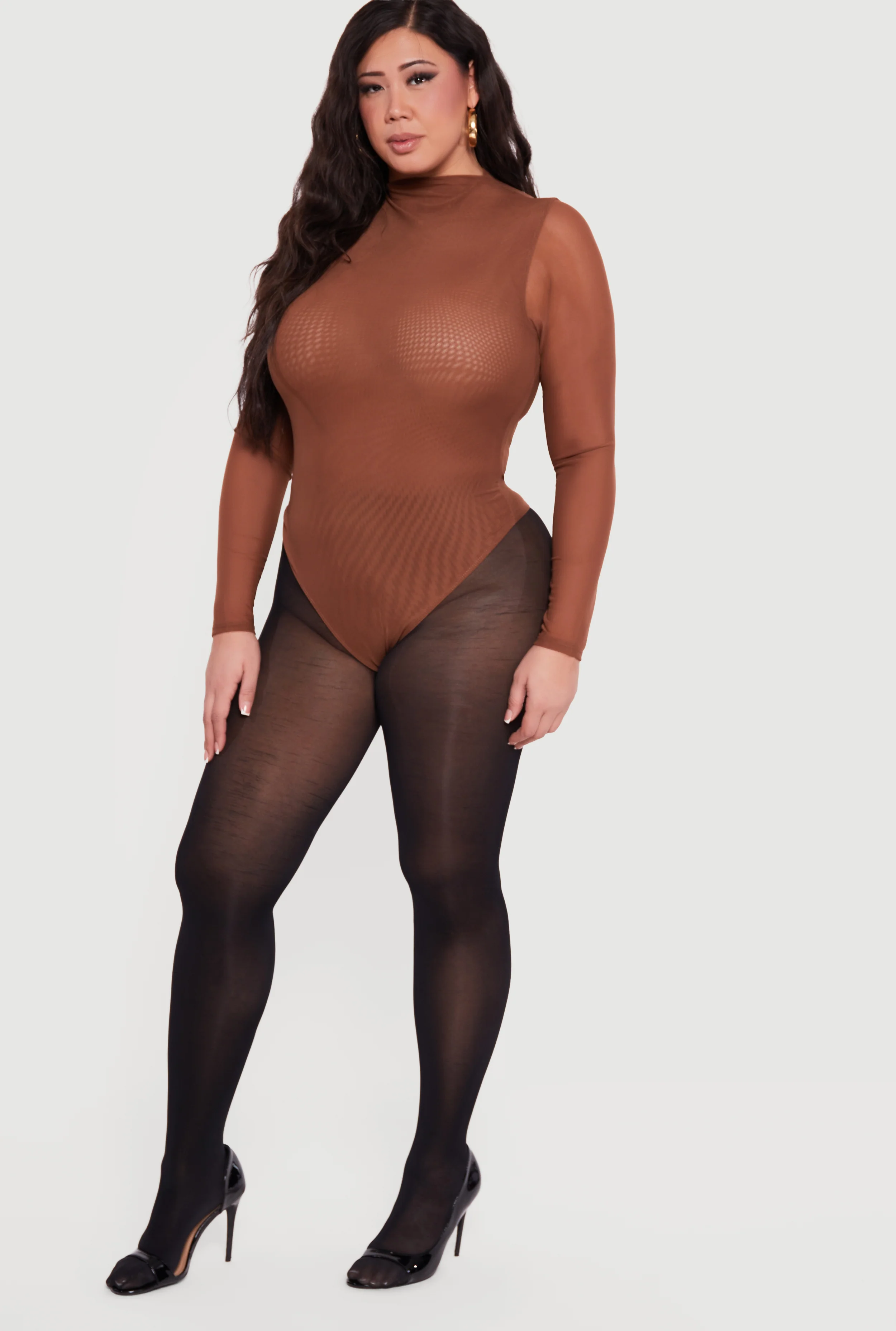 Plus Size Mesh High Neck Long Sleeve Bodysuit - Image 3