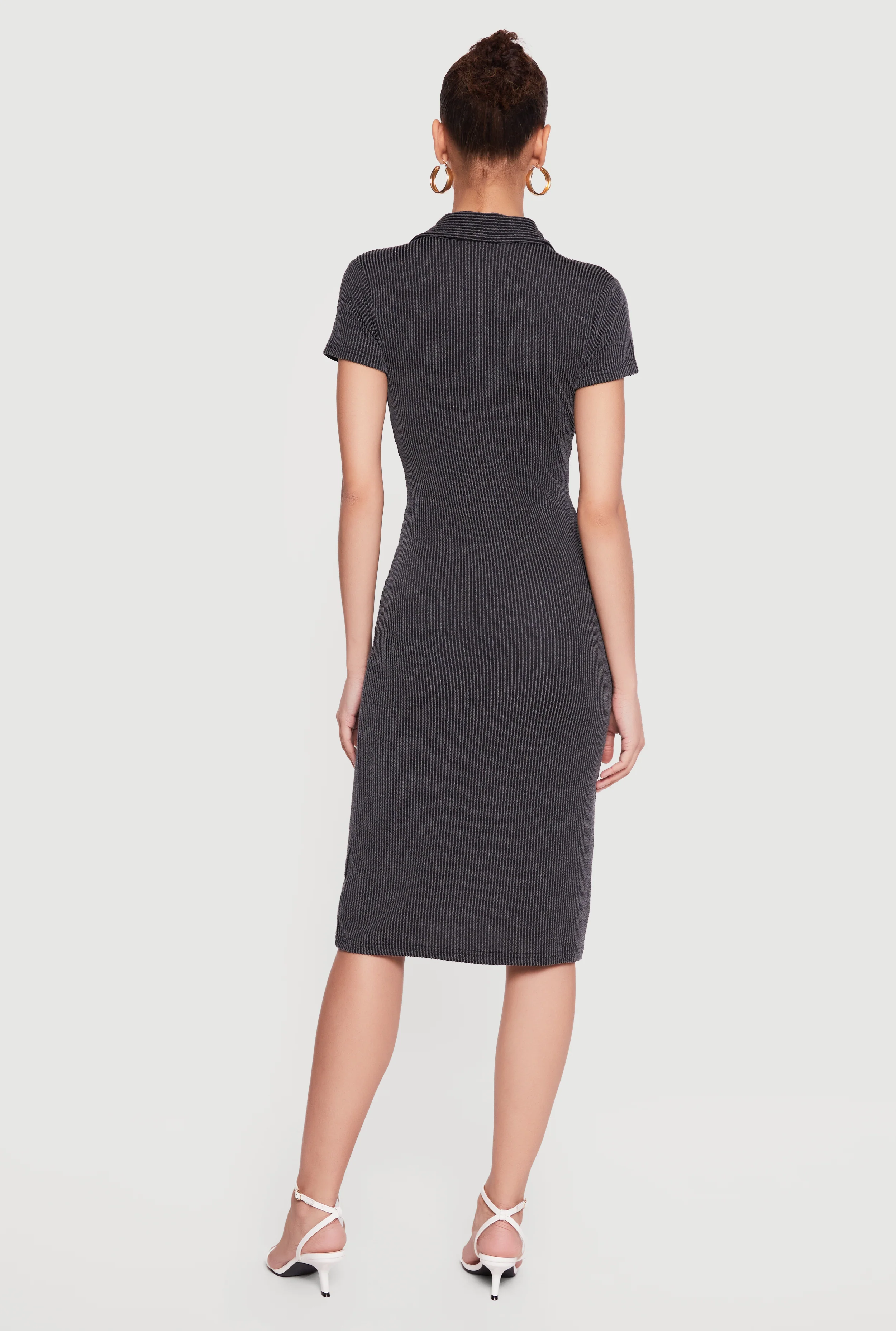 Rib Knit Button Front Midi Shirt Dress - Image 3