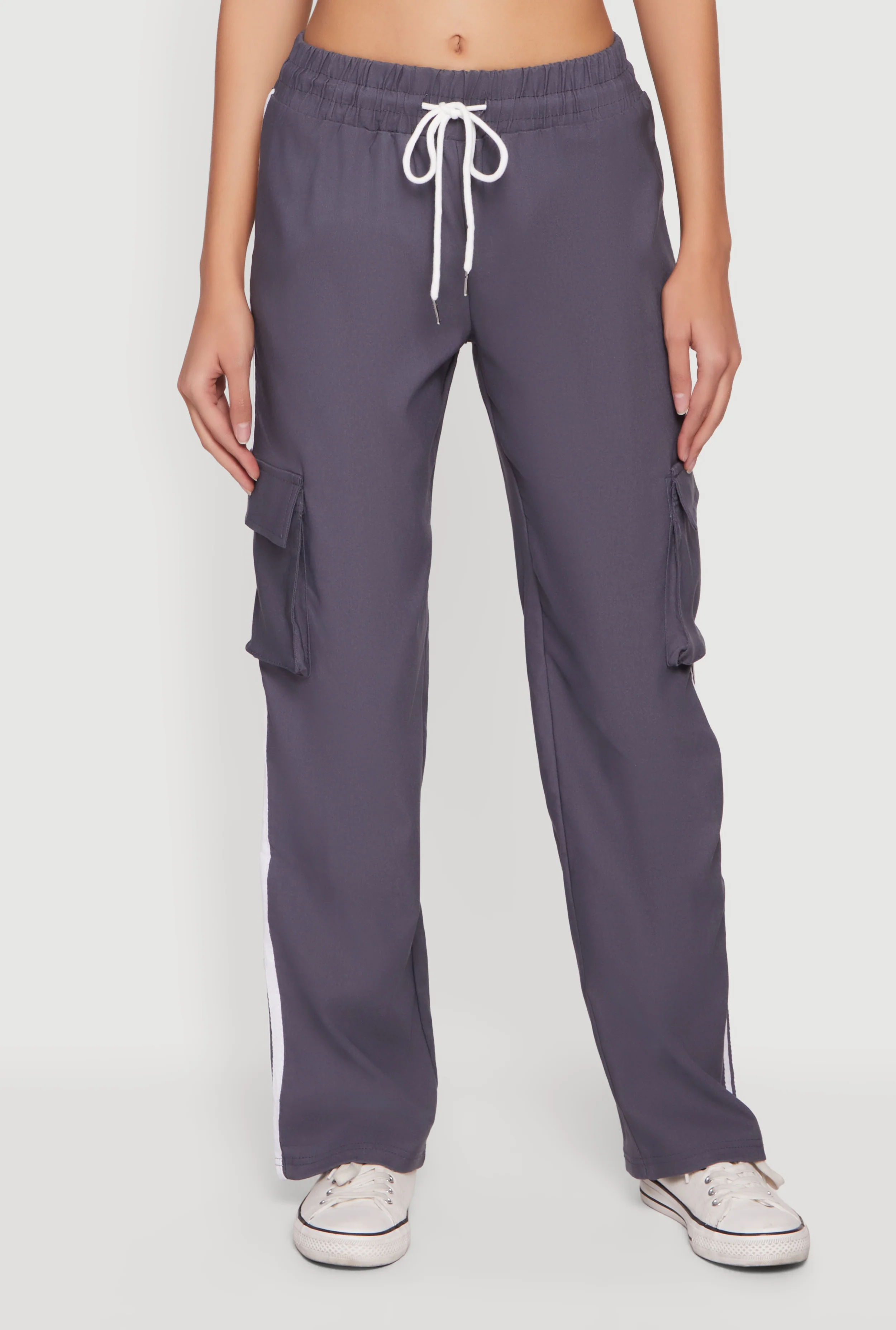Varsity Stripe Side Drawstring Waist Cargo Track Pants - Image 3