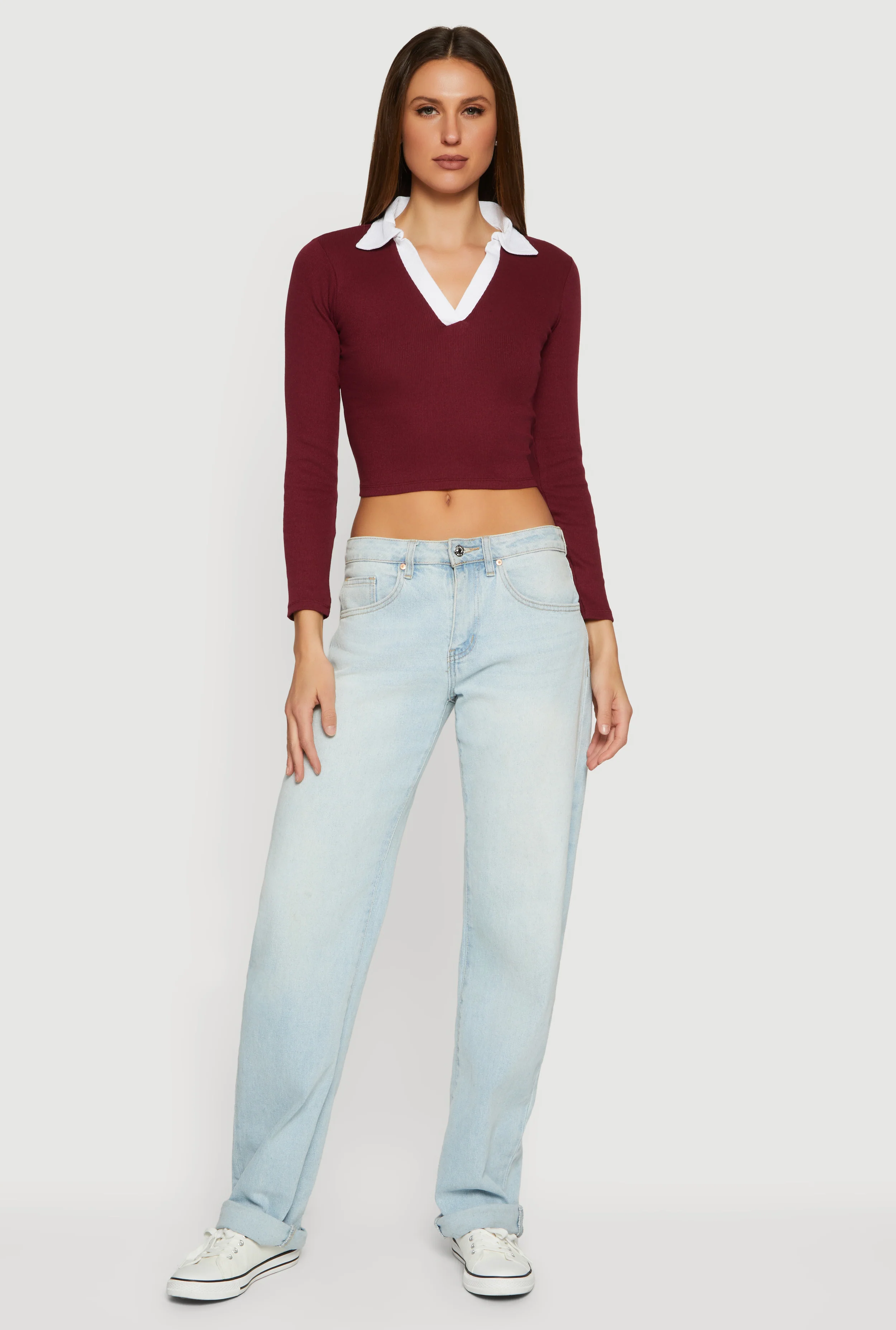 Contrast Trim Ribbed Knit Cropped Polo Shirt - Image 3