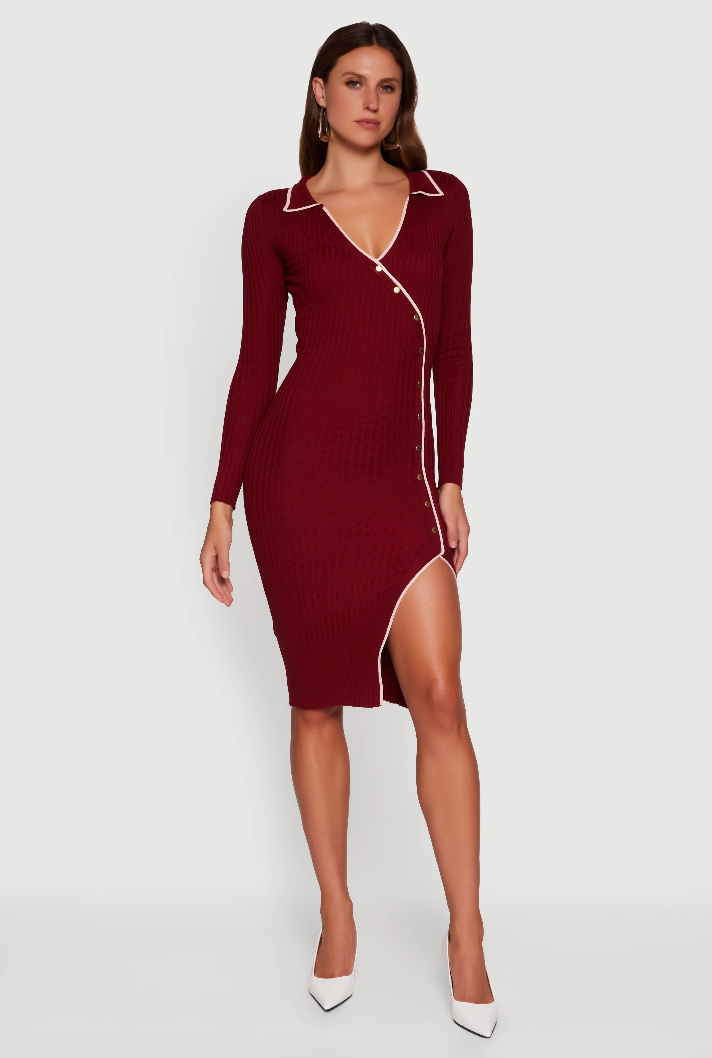 Contrast Trim Ribbed Knit Long Sleeve Sweater Dress - Image 4