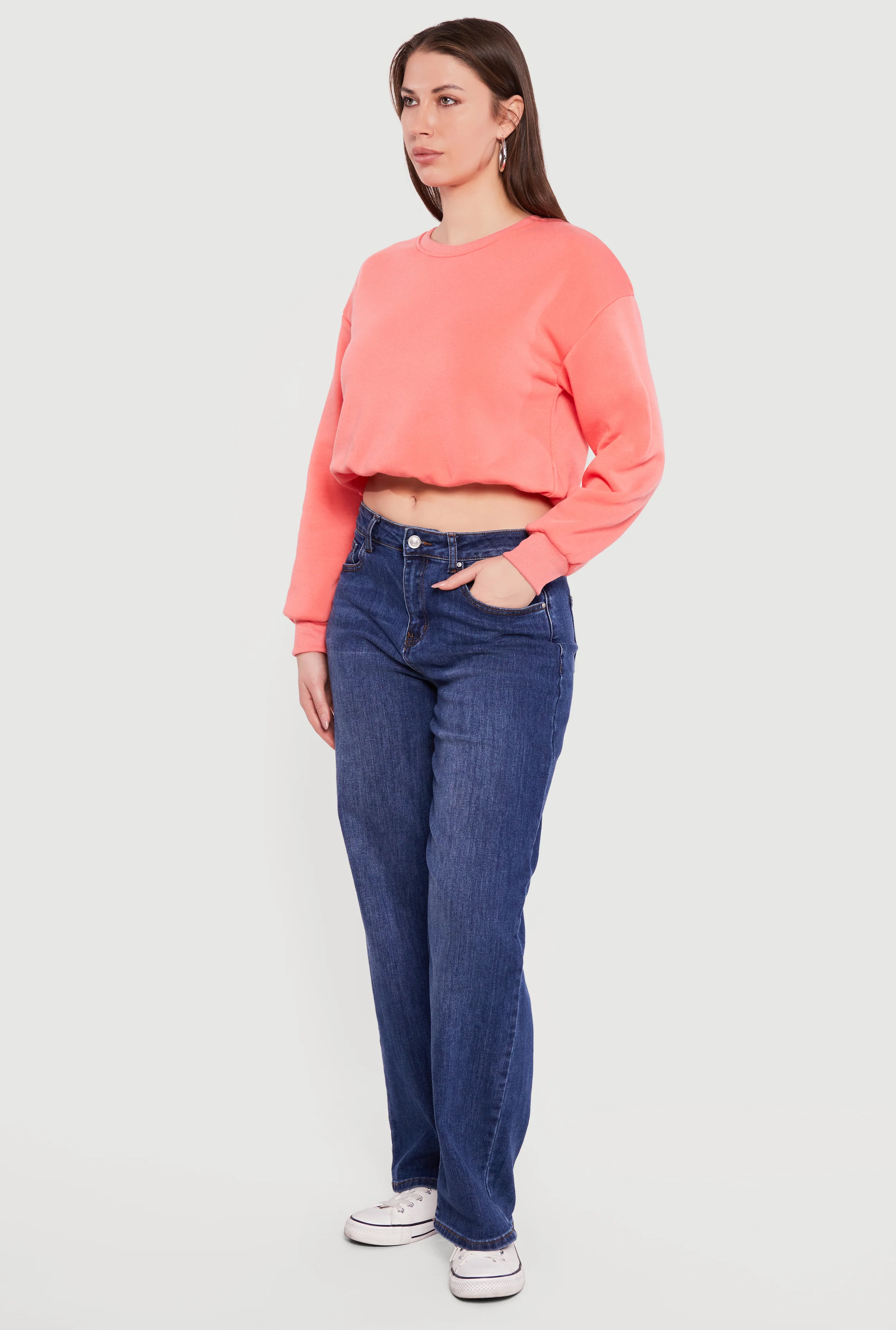 Long Sleeve Crew Neck Bubble Hem Cropped Sweatshirt - Image 3