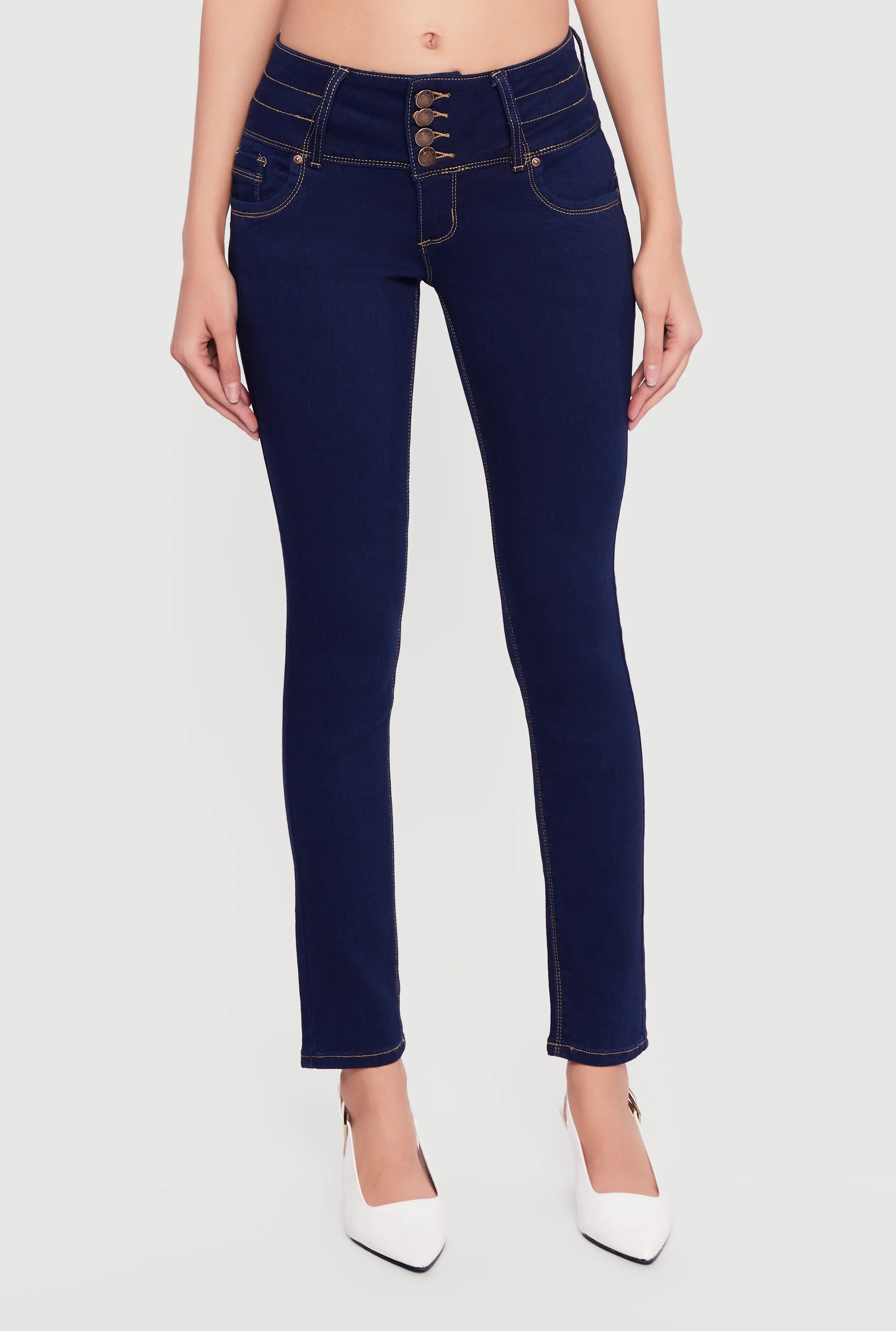 Mid Rise 4 Button Skinny Jeans - Image 3