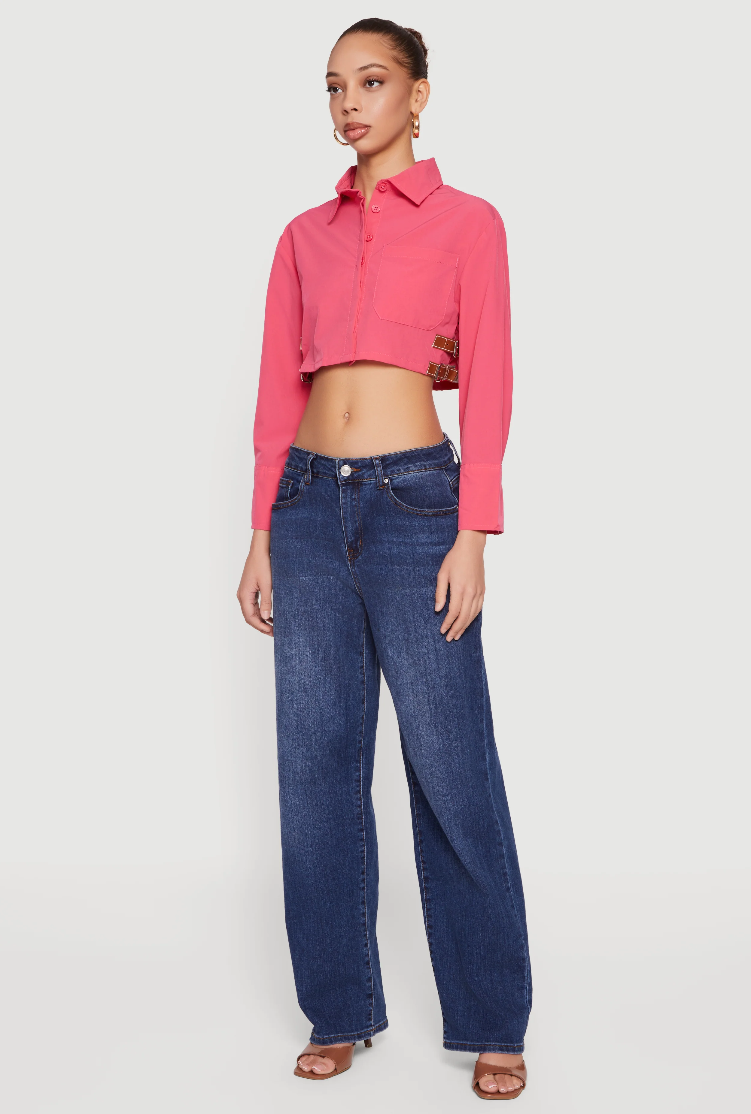 Buckle Detail Button Front Cropped Blouse - Image 3