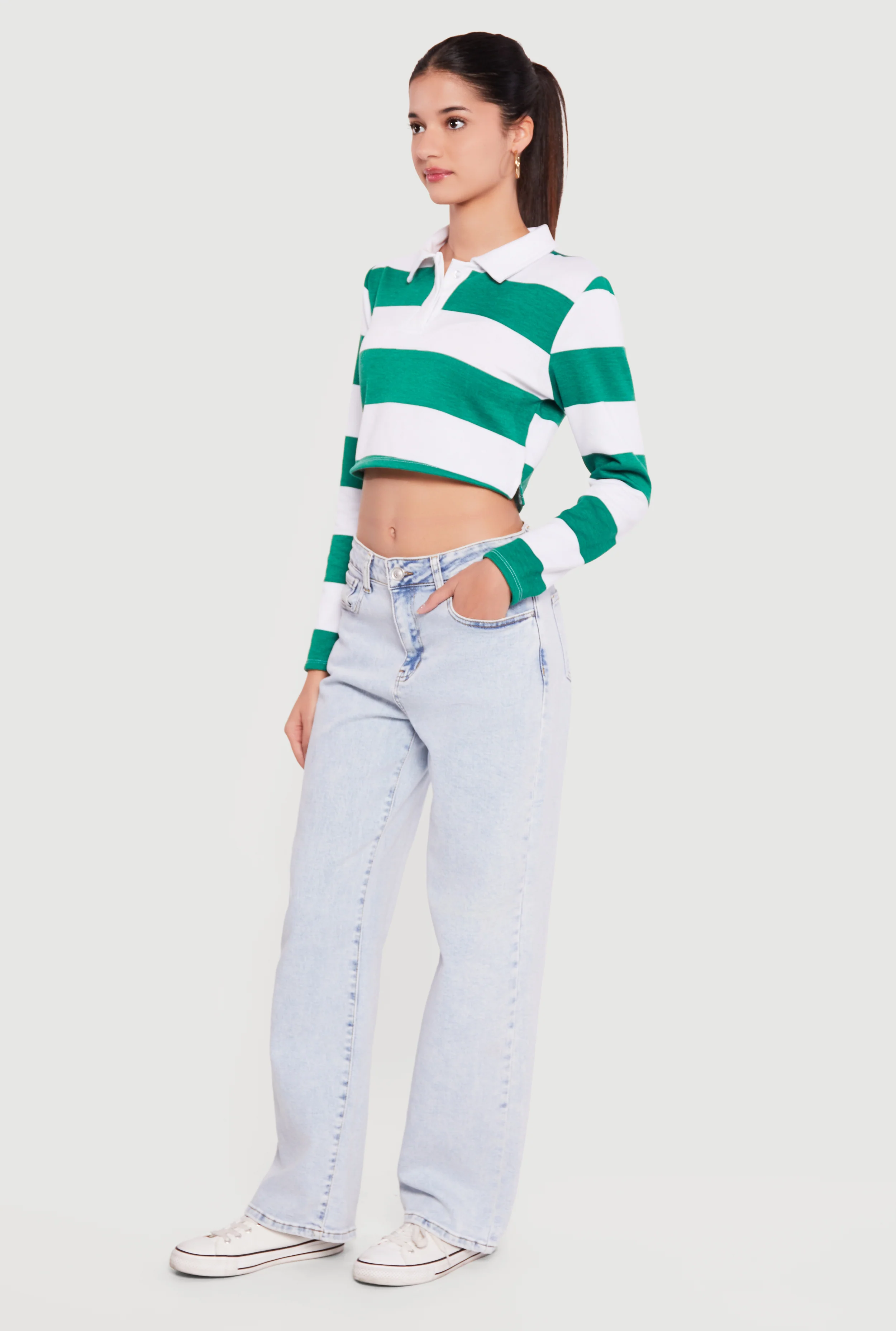 Almost Famous Striped Long Sleeve Cropped Polo Top - Image 3
