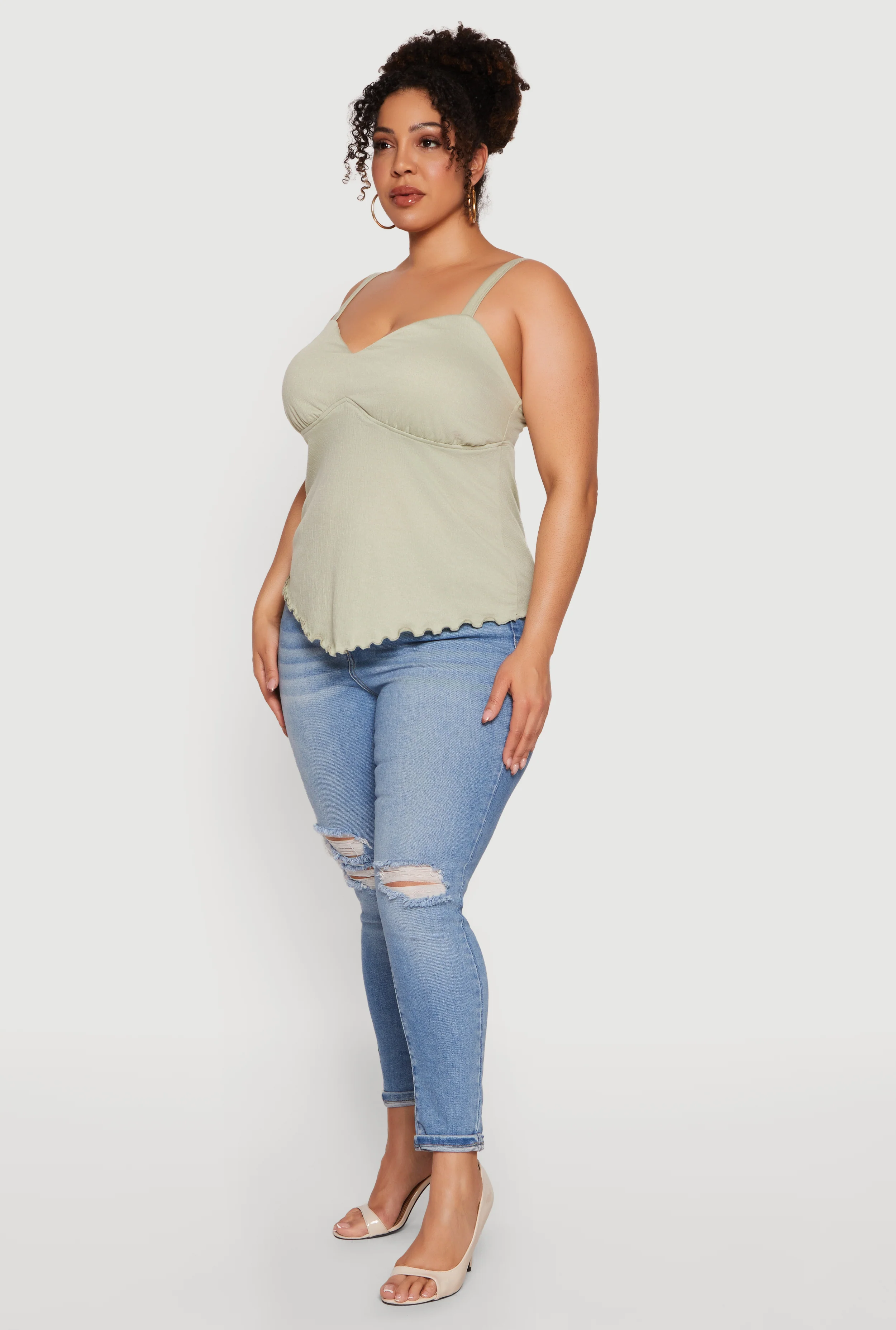 Plus Size Lettuce Edge Padded Textured Knit Blouse - Image 3