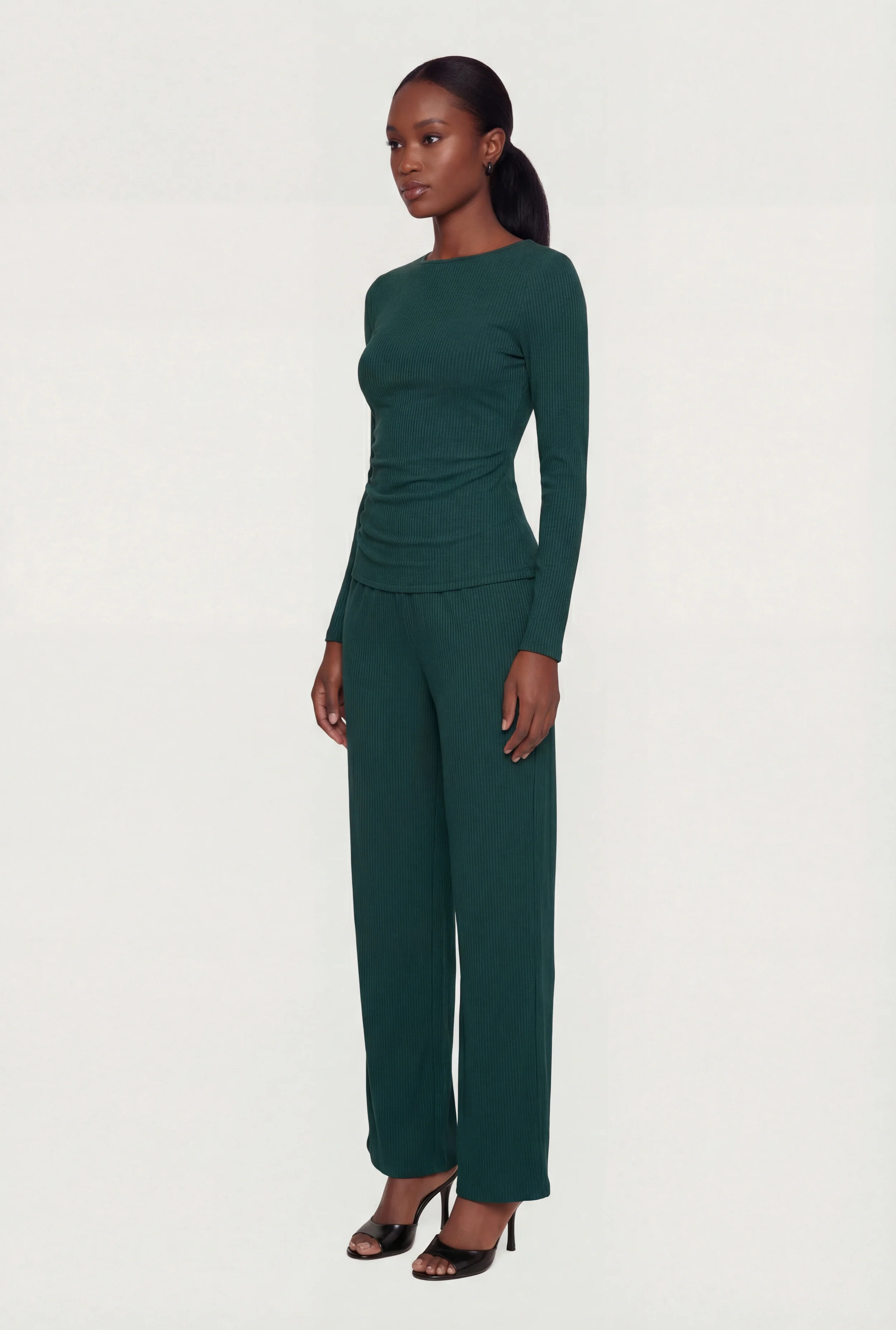 Ribbed Knit Side Ruched Long Sleeve Blouse - Image 3