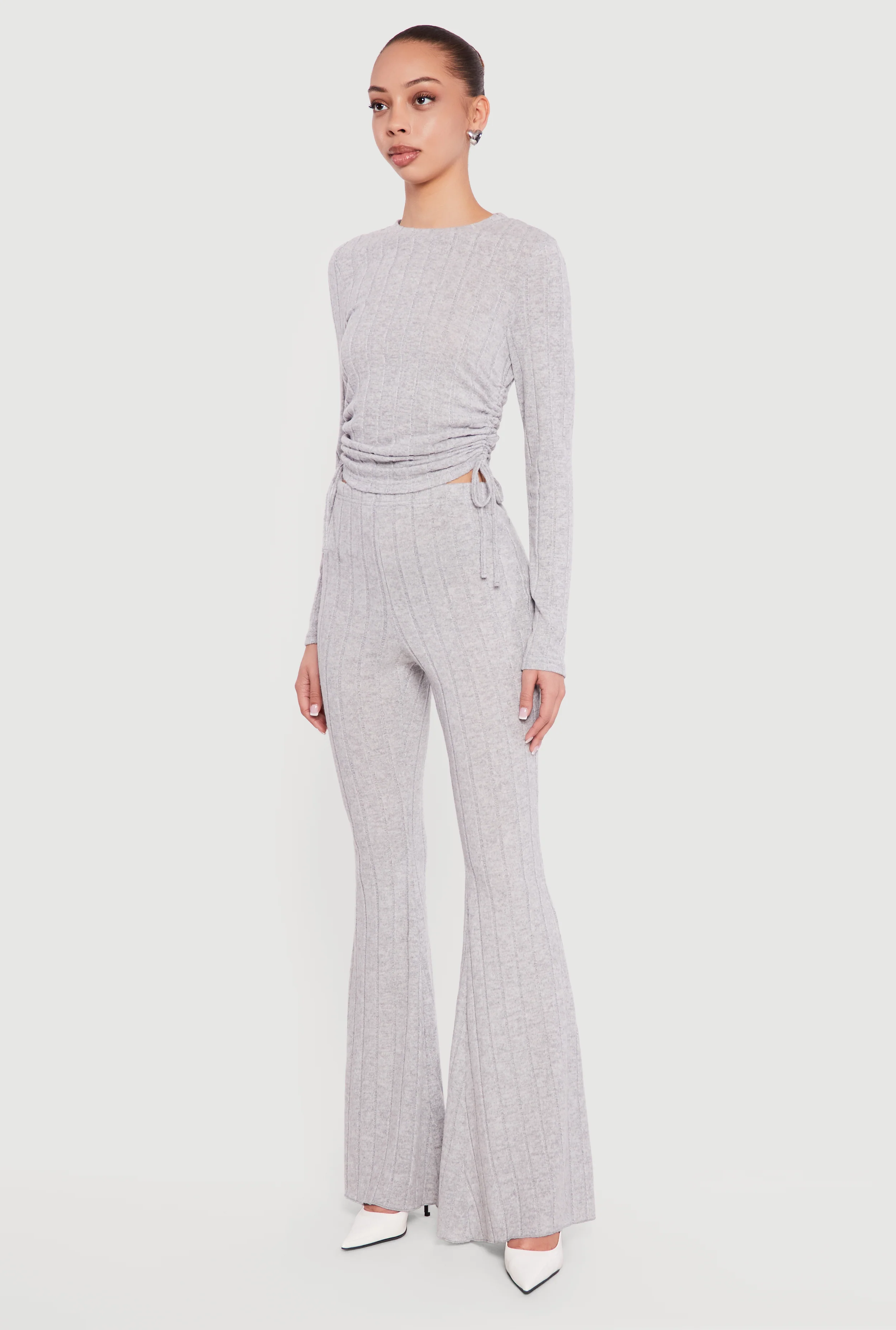 Brushed Ribbed Knit Ruched Long Sleeve Top - Image 3