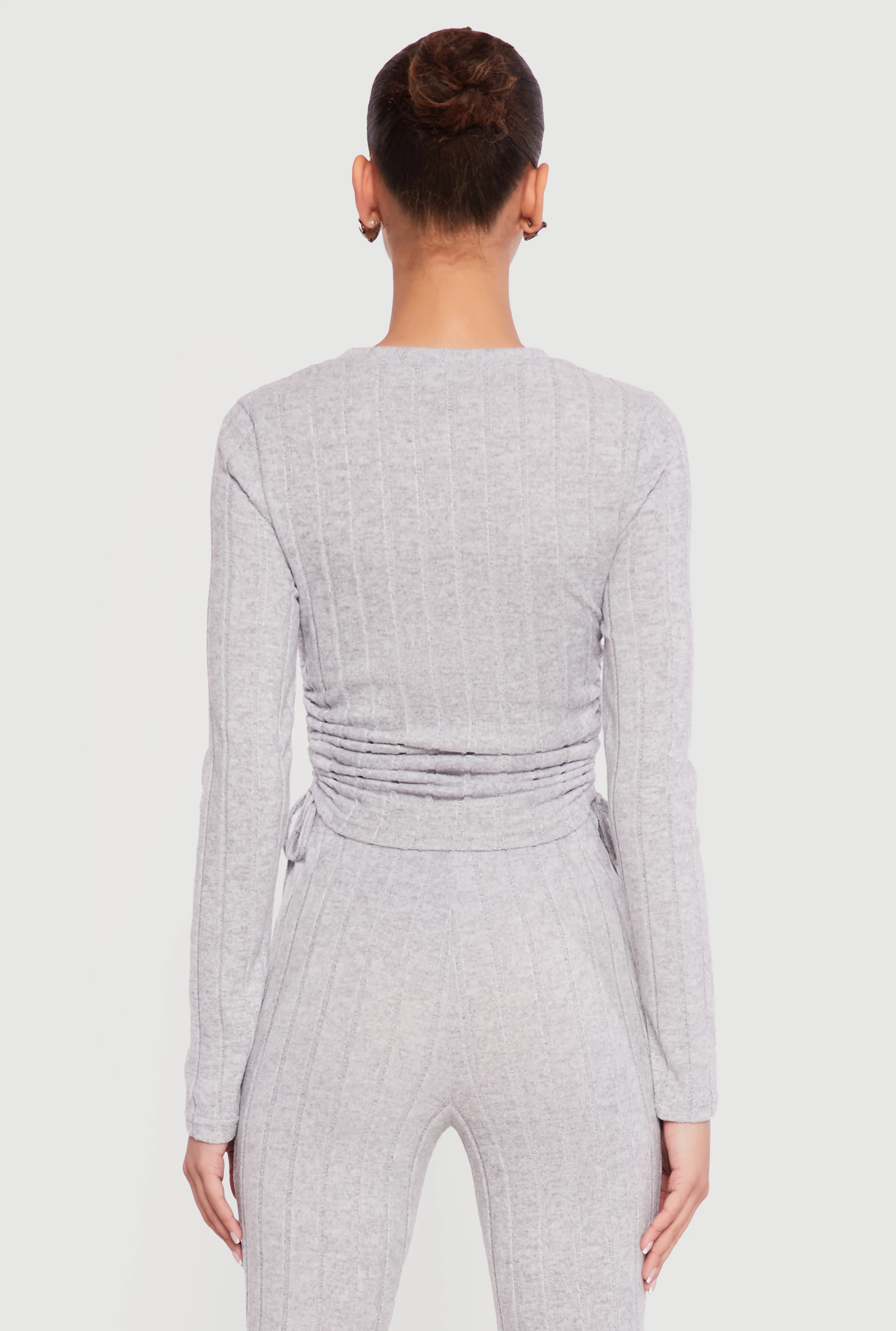 Brushed Ribbed Knit Ruched Long Sleeve Top - Image 5