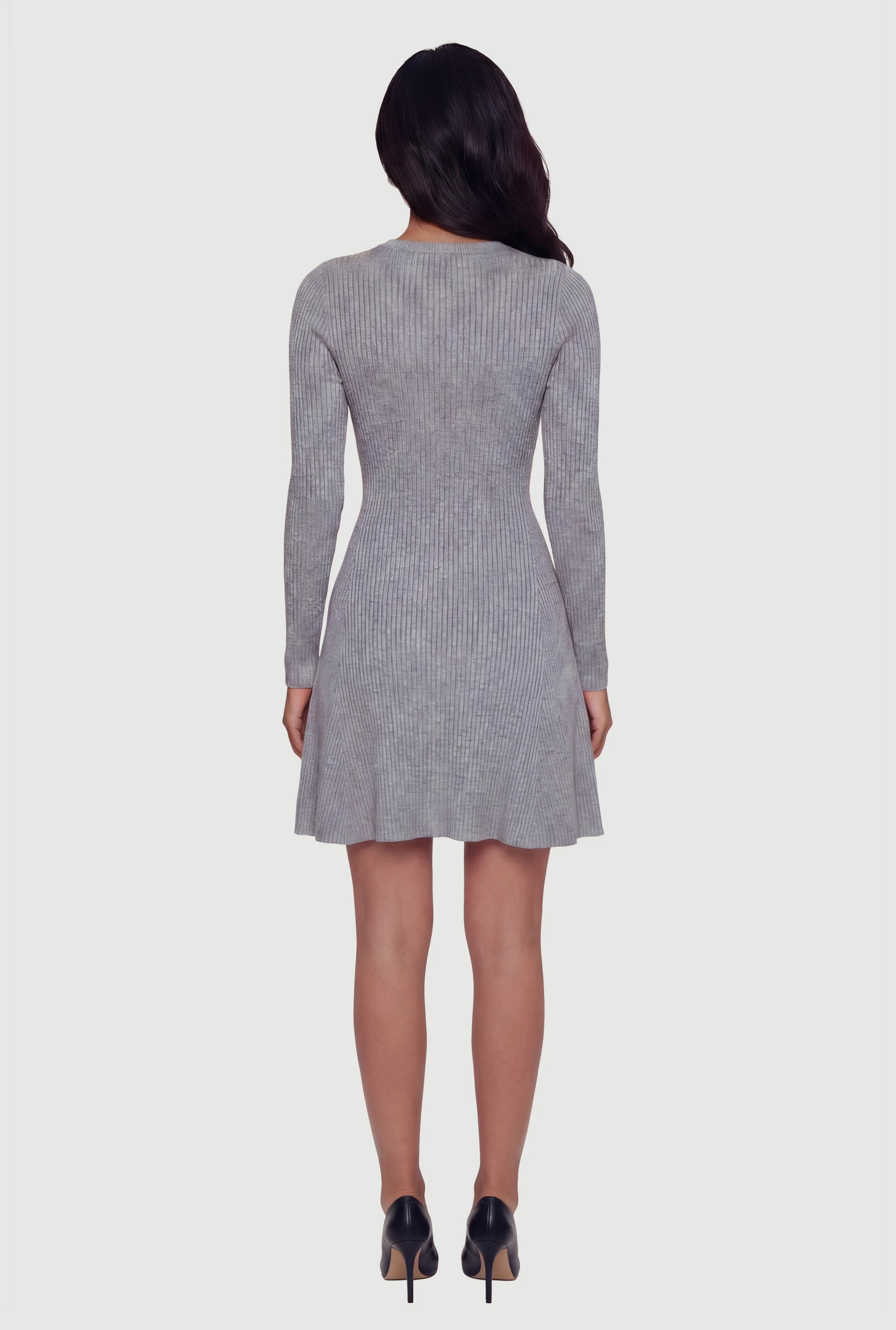 Rib Knit Long Sleeve Crew Neck Mini Sweater Dress - Image 4
