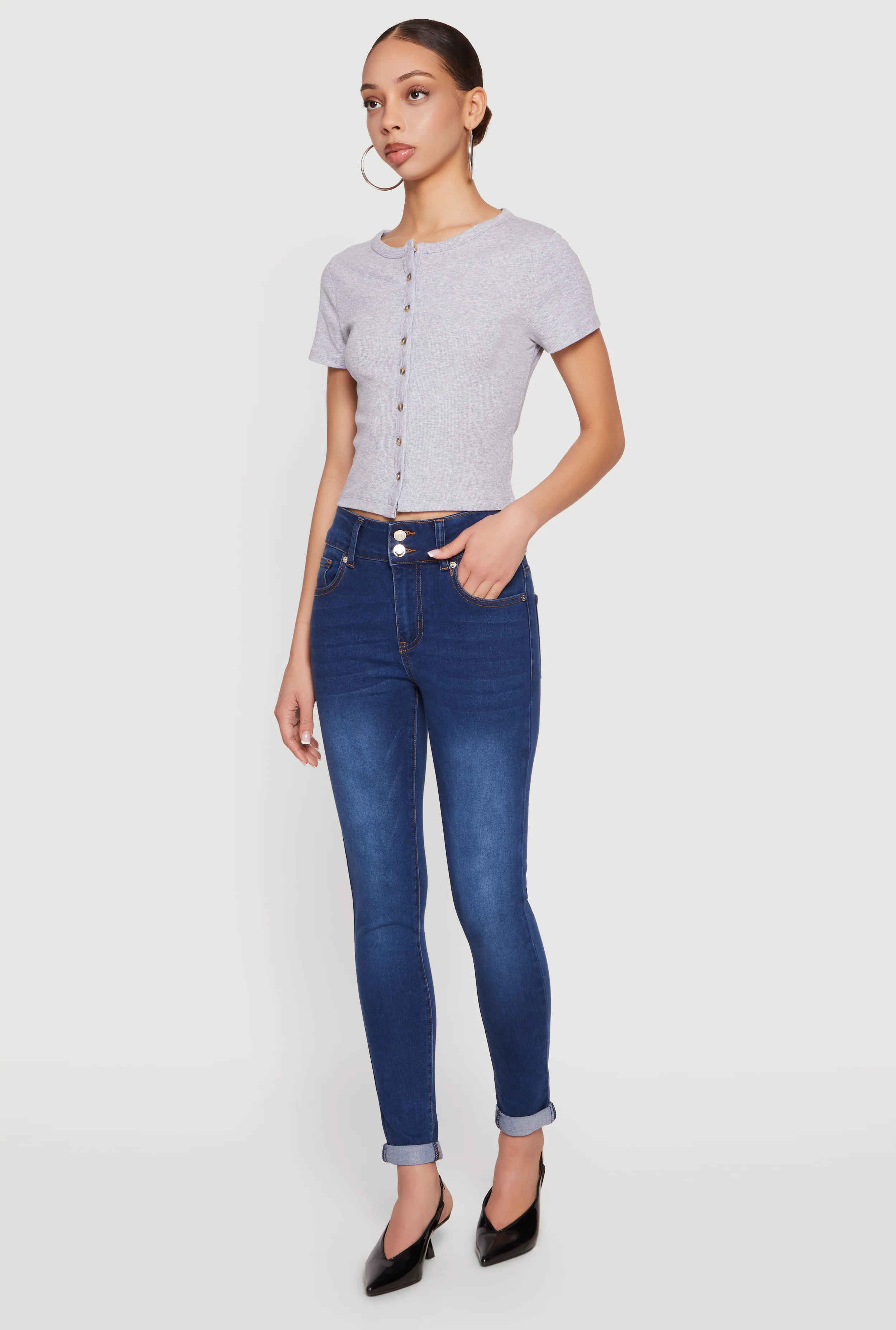 Ribbed Knit Button Front Crop Top - Image 3