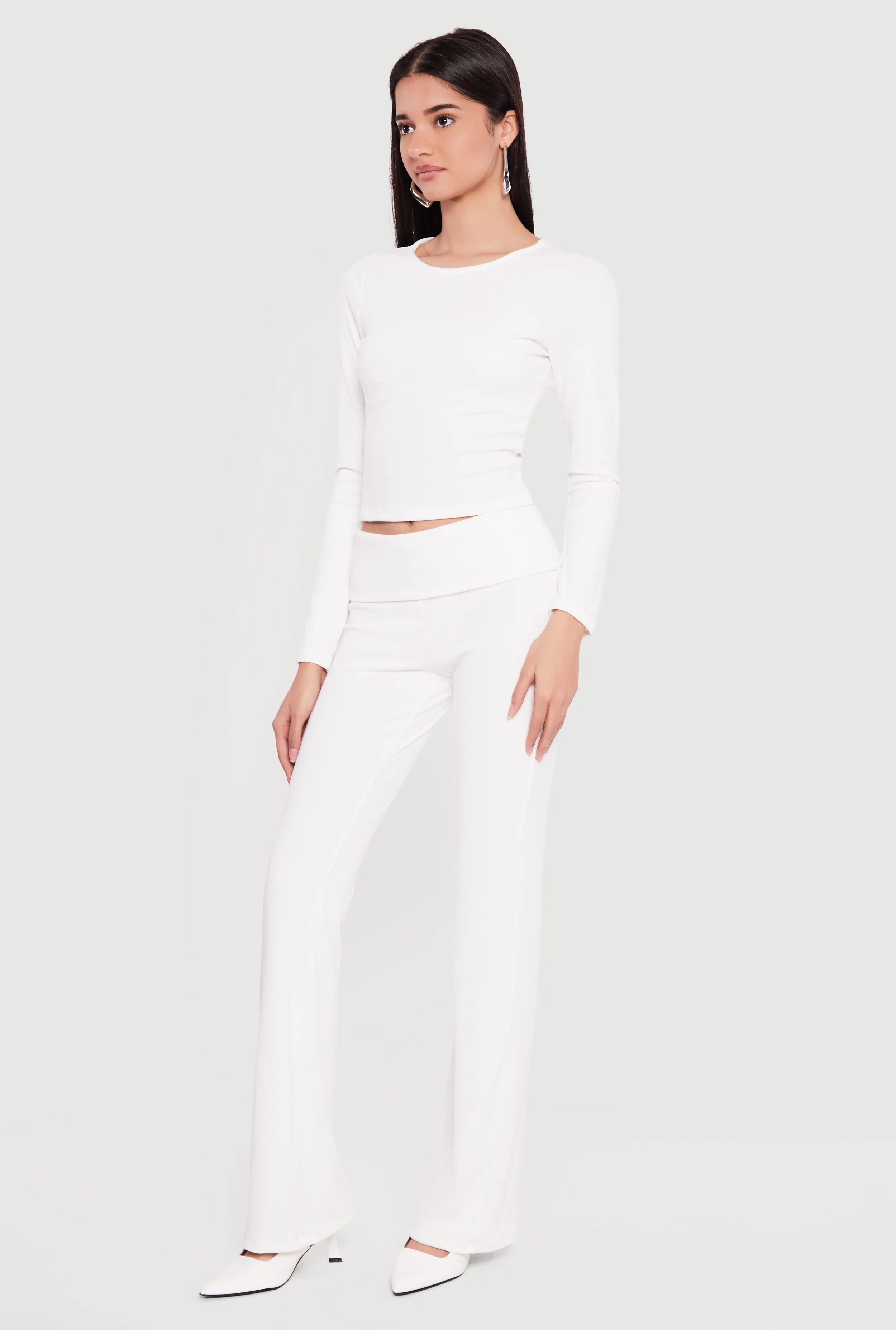 Rib Knit Long Sleeve Crew Neck Crop Top - Image 3