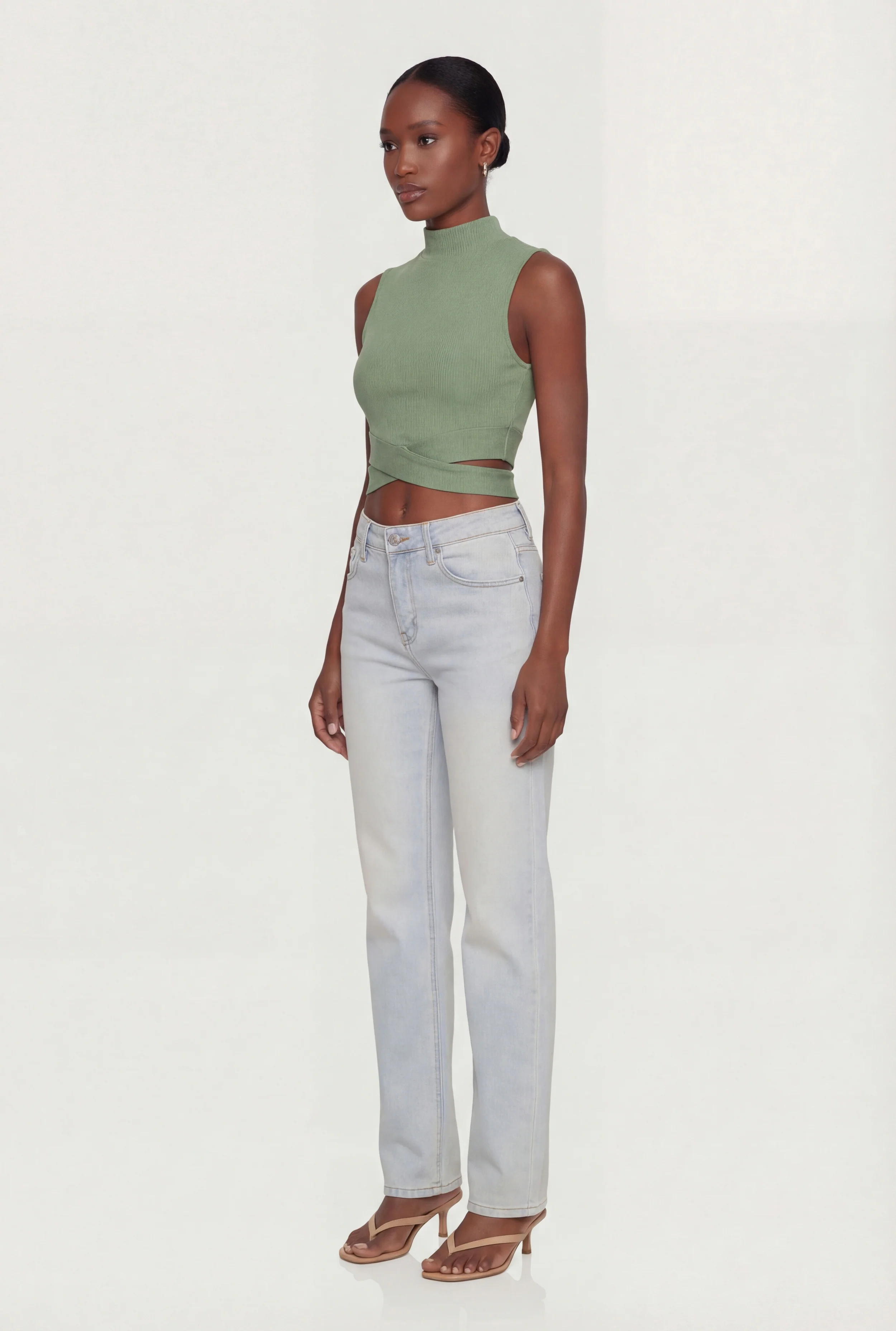 Rib Knit Criss Cross Hem Mock Neck Crop Top - Image 3