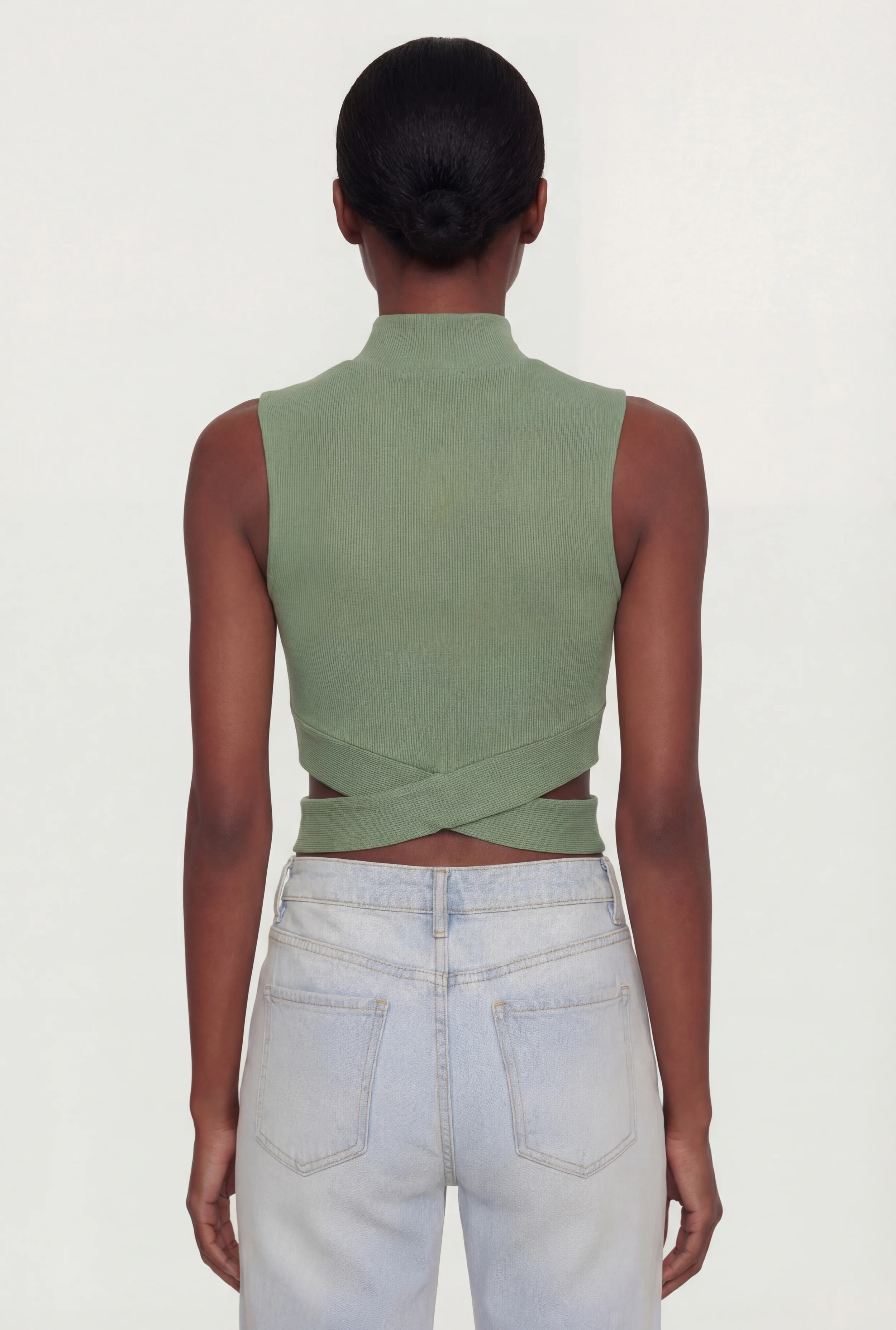 Rib Knit Criss Cross Hem Mock Neck Crop Top - Image 5