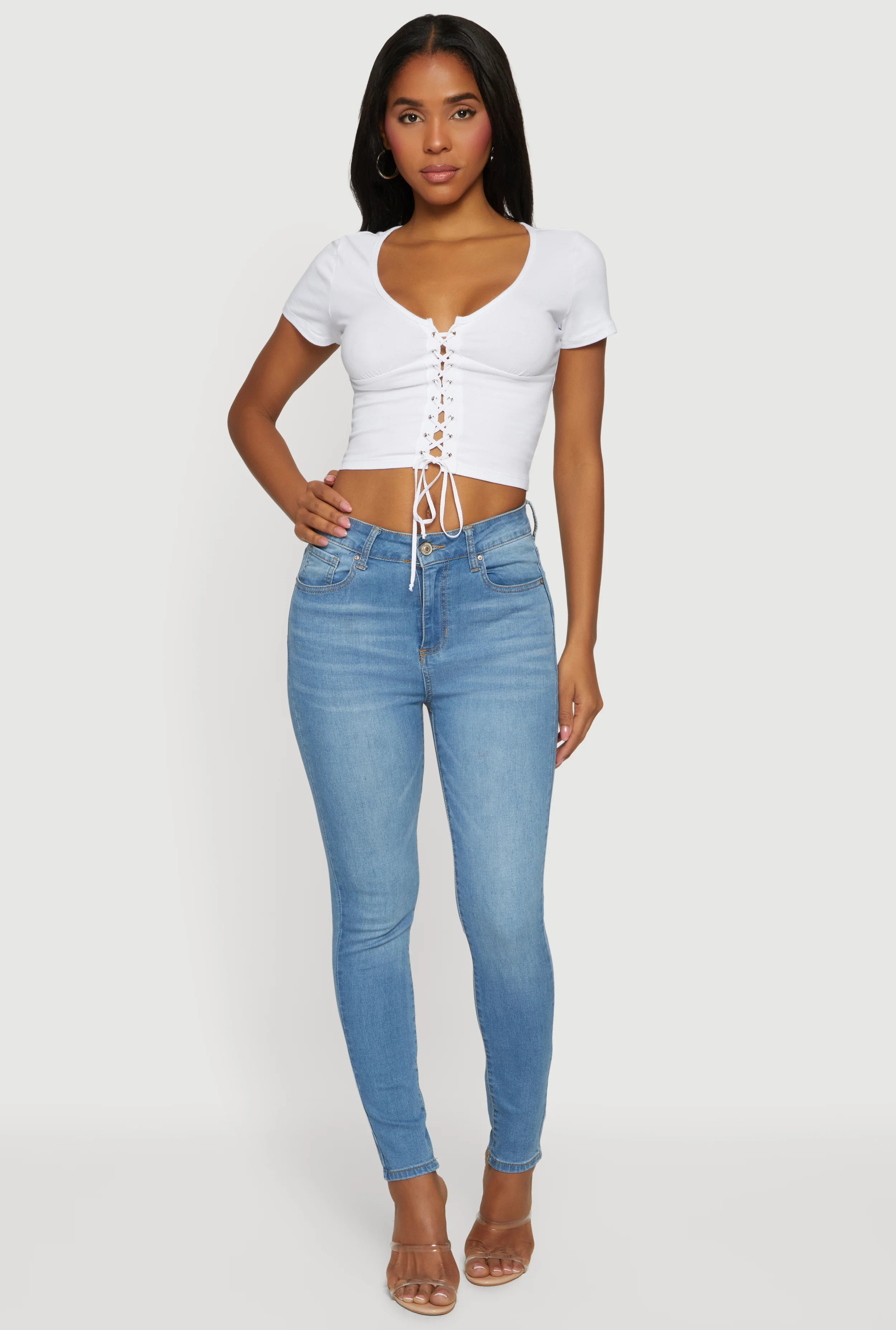 Lace Up Front Short Sleeve V-Neck Crop Top - Image 3