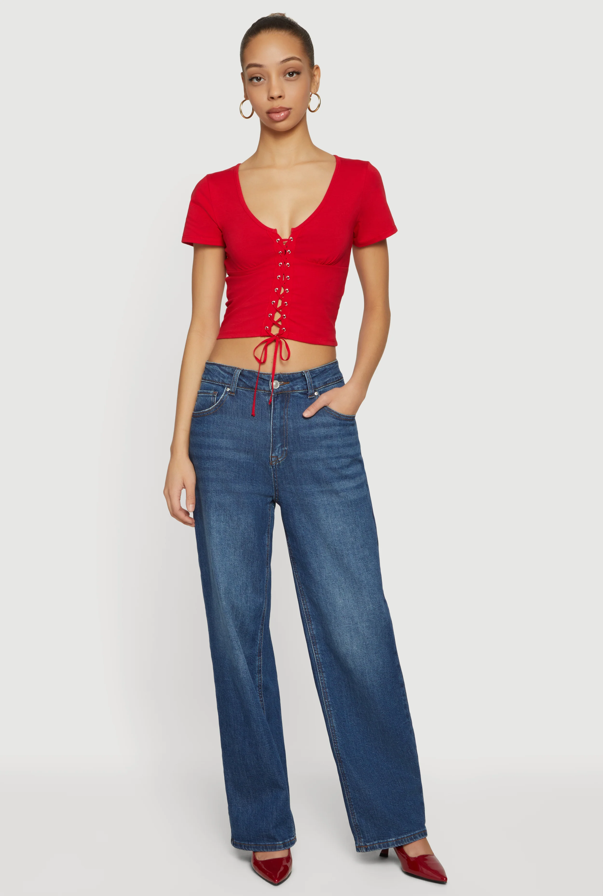 Lace Up Front Short Sleeve V-Neck Crop Top - Image 4