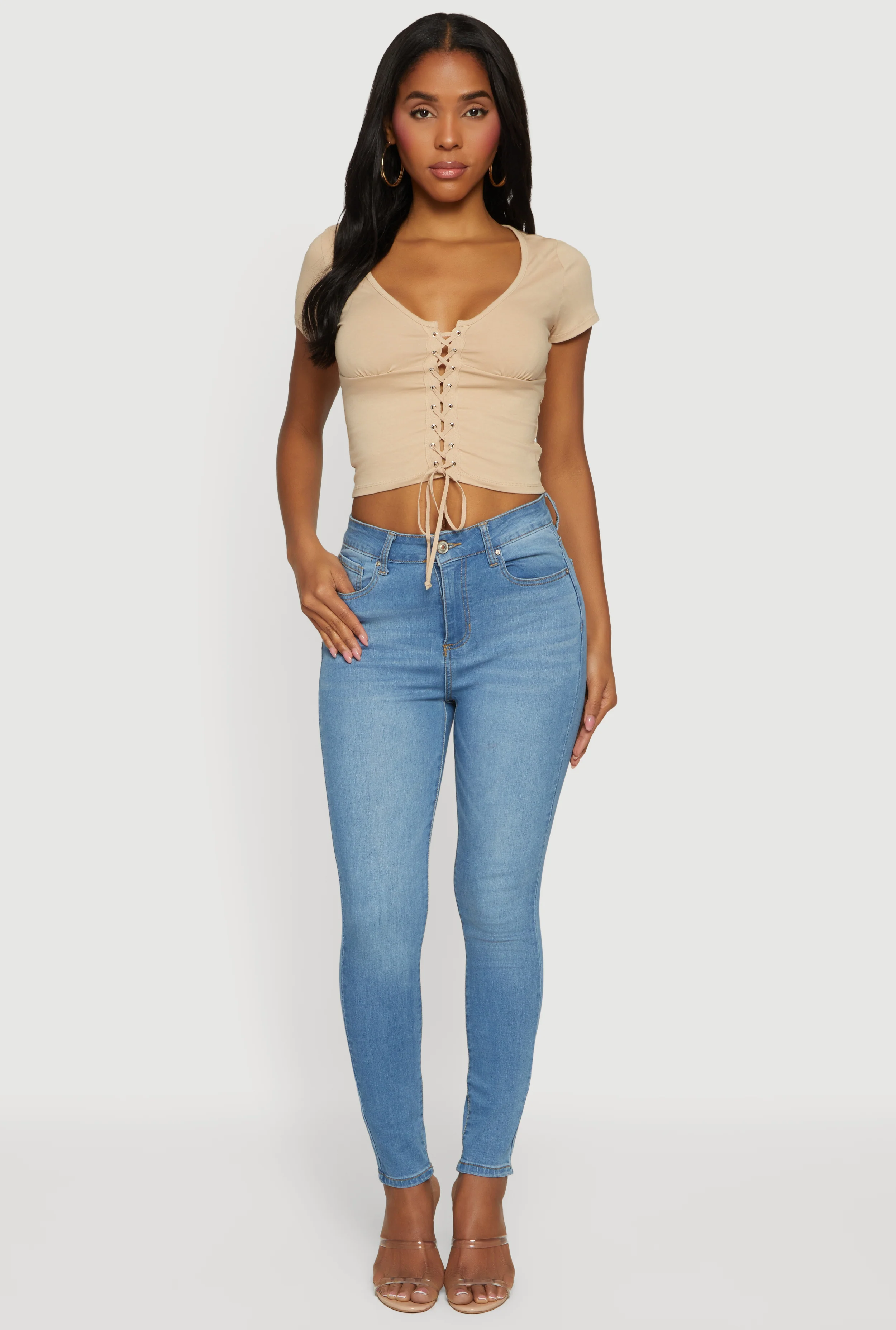 Lace Up Front Short Sleeve V-Neck Crop Top - Image 5