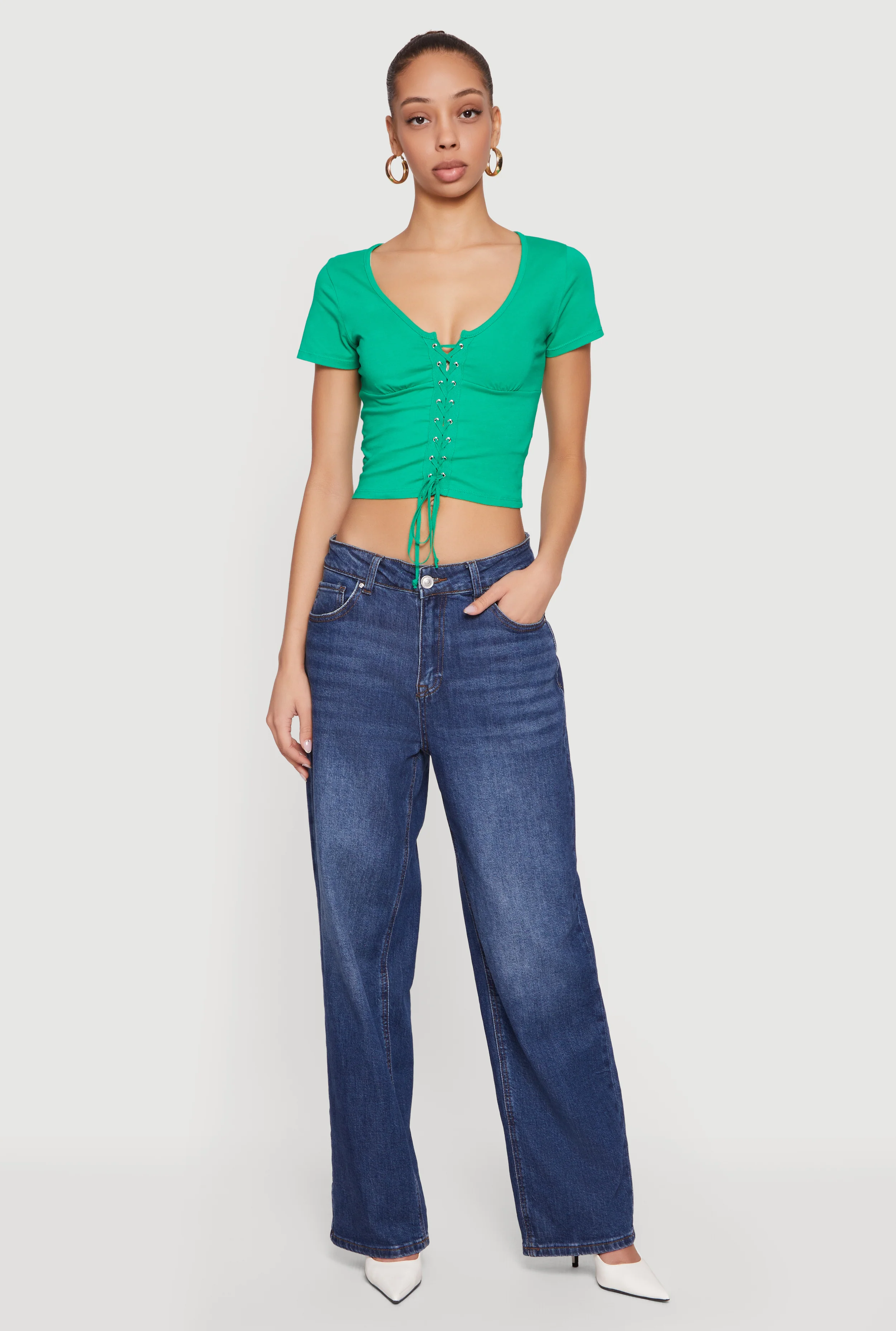 Lace Up Front Short Sleeve V-Neck Crop Top - Image 6