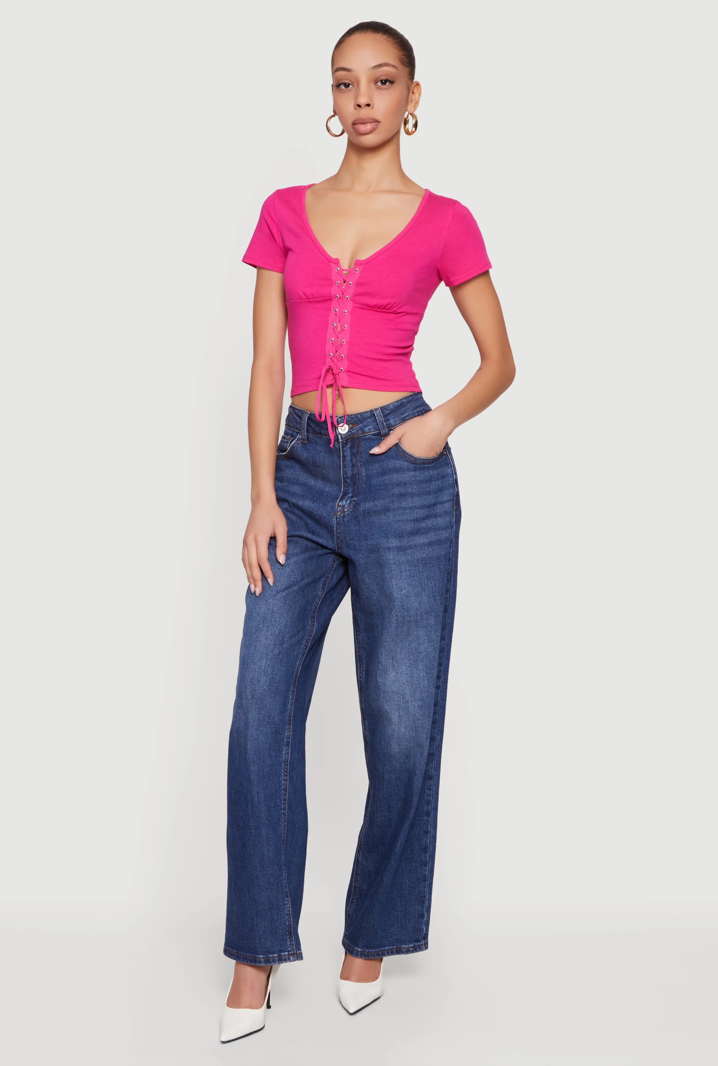 Lace Up Front Short Sleeve V-Neck Crop Top - Image 7