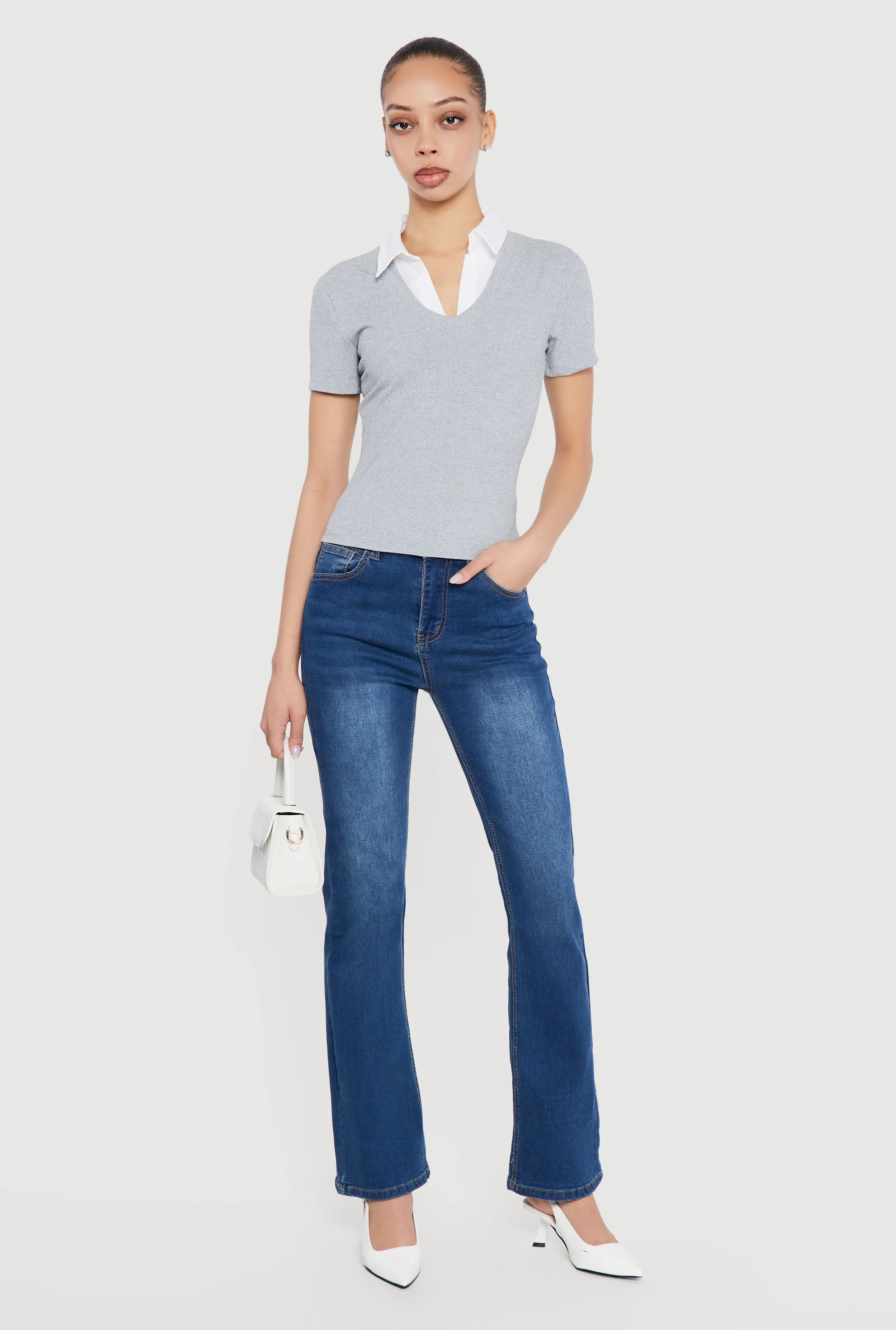 Layered Look Ribbed Knit Polo Top - Image 3