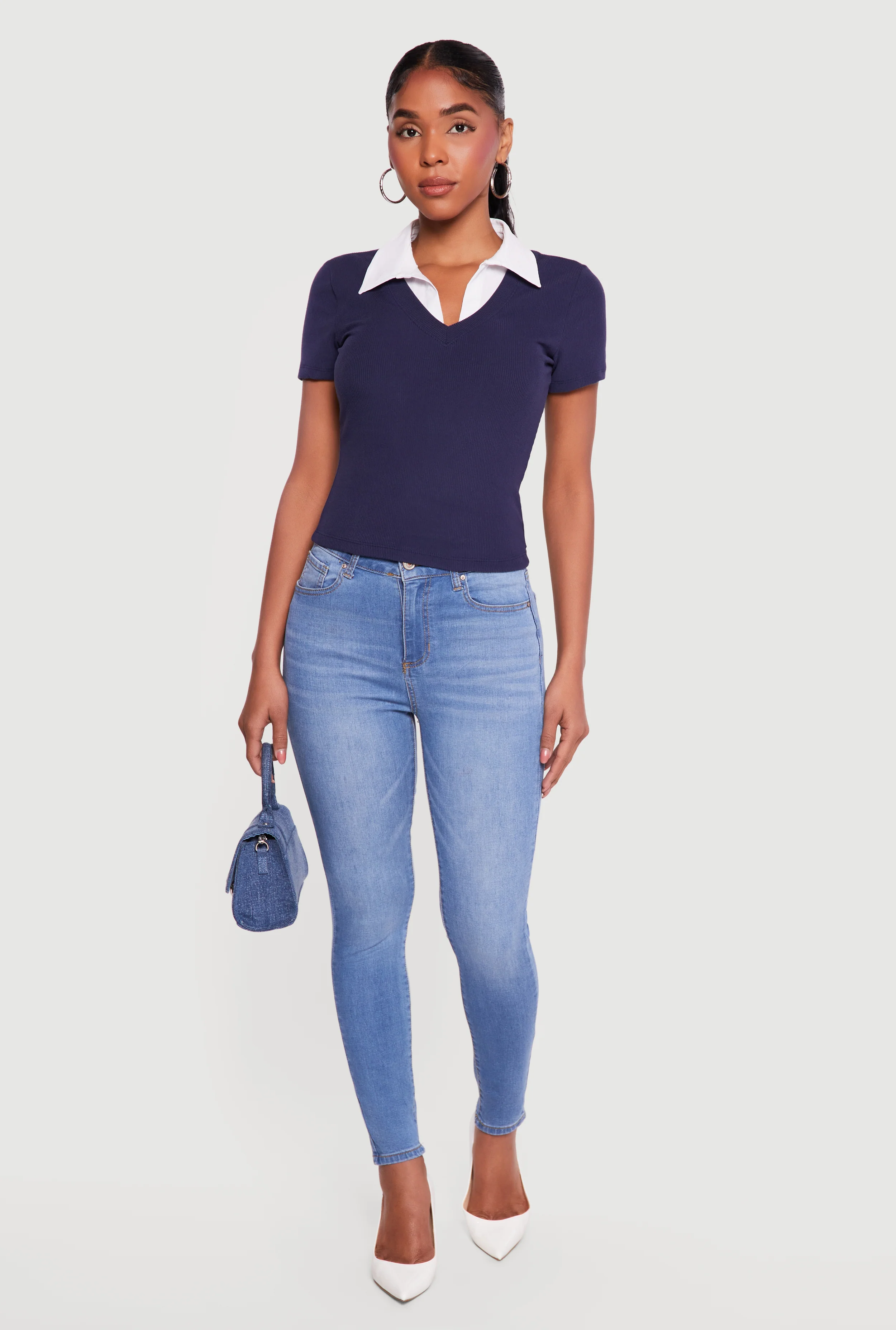 Layered Look Ribbed Knit Polo Top - Image 4