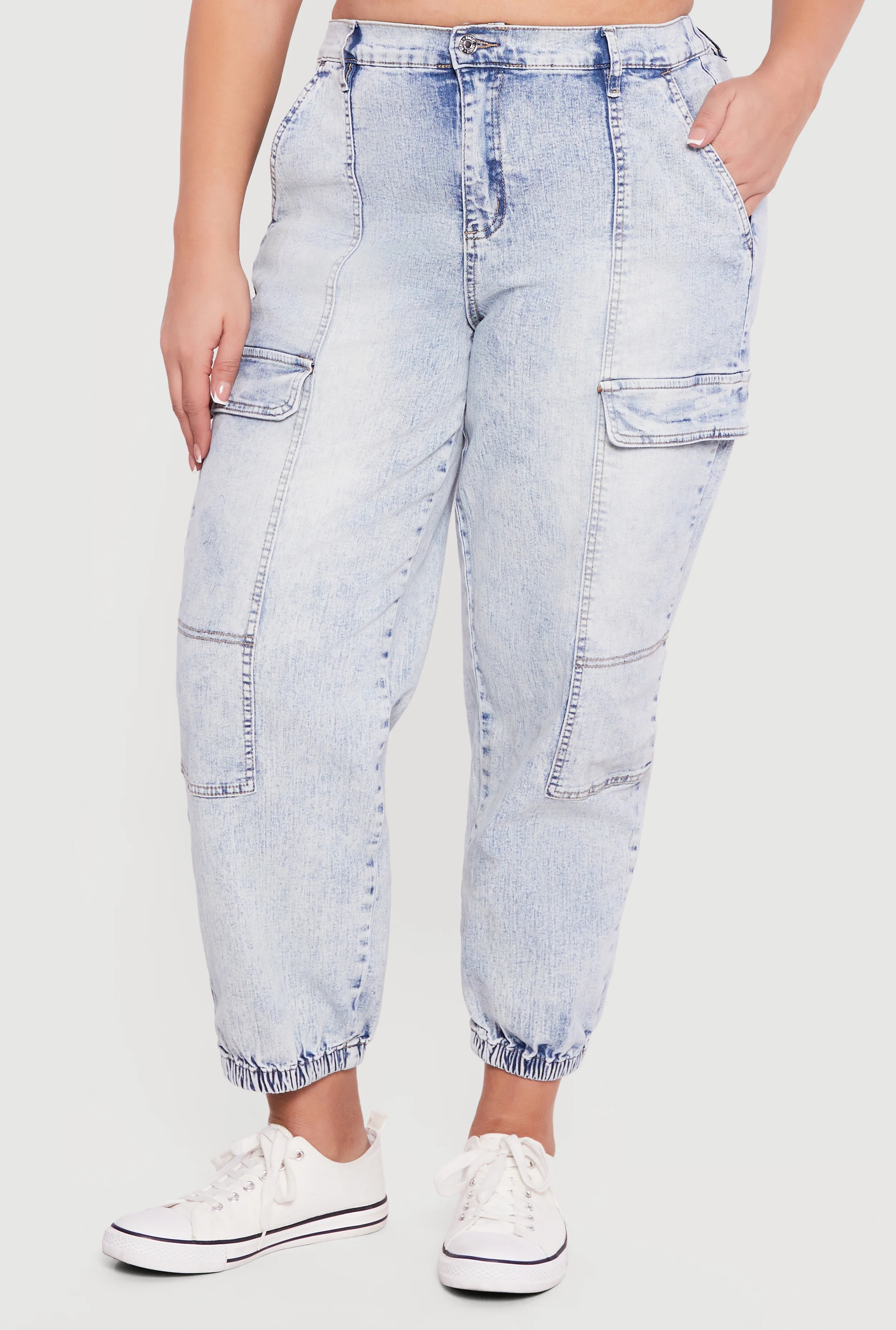 Plus Size High Waisted Cargo Pocket Denim Joggers - Image 3